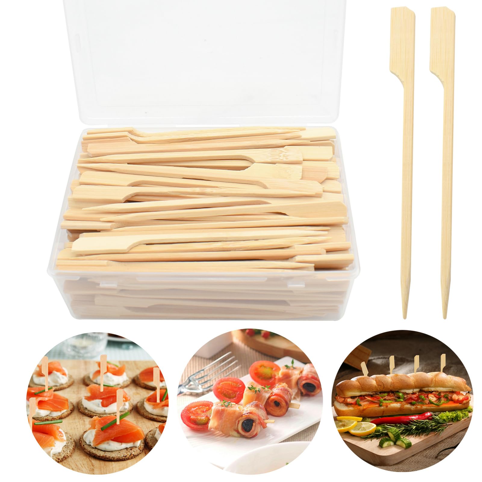 200 Pcs 4.7 Inch Natural Bamboo Skewers with Storage Box - Appetizer Toothpicks, Cocktail Picks for Fruit Kabobs, Sausage, BBQ Snacks & Fondue - Perfect for Party Platters, Charcuterie Boards & Outdoor Grilling