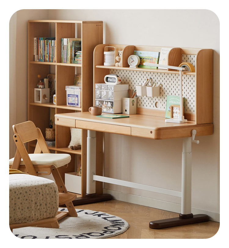 Beech Solid Wood Adjustable Height Kids Study Desk with Hand Crank Lift - Perfect for Homeschooling, Online Learning & Children's Homework Station