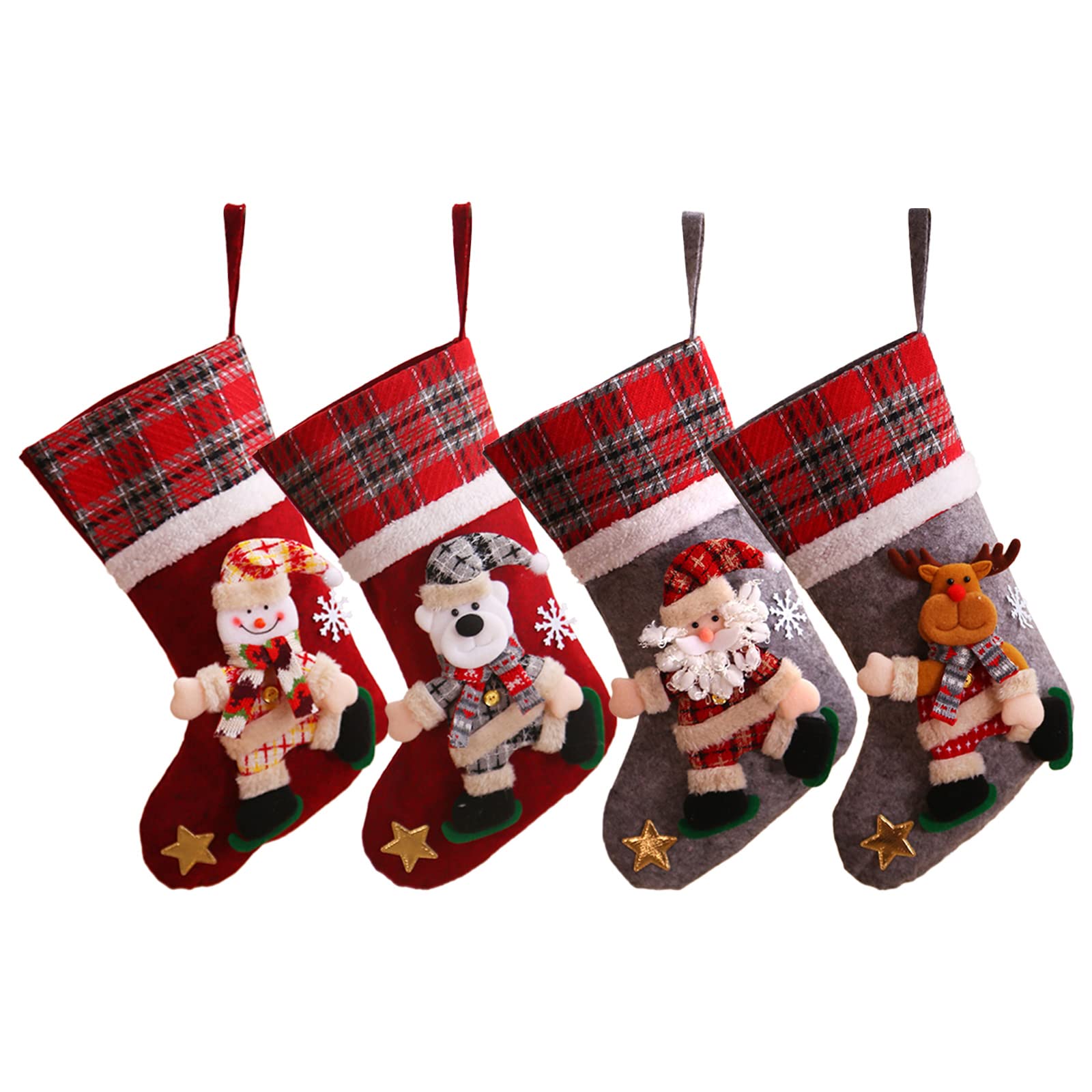 Kavolet 4-Pack Personalized Christmas Stockings - 16 Inch Large Holiday Hanging Socks for Family, Fireplace Decor - Snowflake Santa Snowman Reindeer Design - Perfect for Christmas Party & Home Decoration