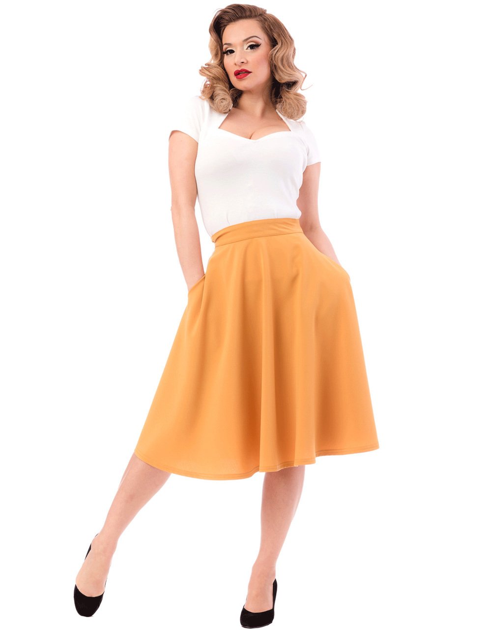 STEADY CLOTHING Women's High Waist Skirt with Pockets - Mustard Yellow | Stretchy Comfort Fit for Work, Date Night & Casual Outings