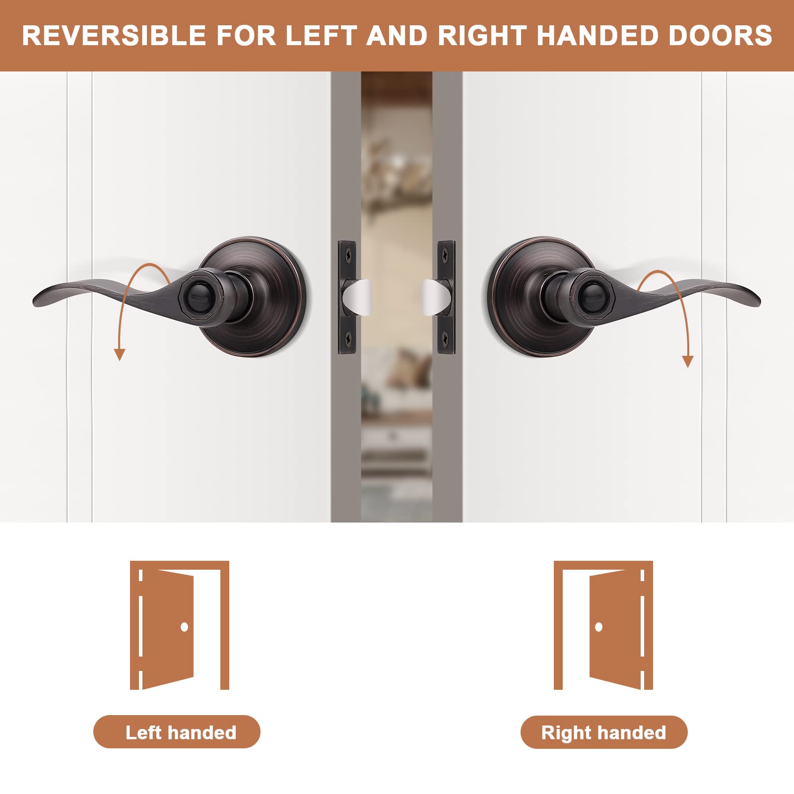 6 Pack Privacy Door Lever with Thumb Turn Lock - Keyless Oil Rubbed Bronze Wave Door Handle Set for Bedroom & Bathroom Doors (Reversible Right/Left Handed) - Perfect for Home Privacy, Interior Doors & Rental Properties