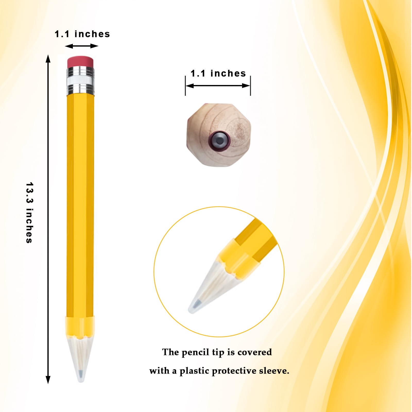 13.3'' Wooden Jumbo Pencils - 2 Pack Giant Yellow Pencils for Party Favors, School Supplies & Office Decor - Funny Novelty Writing Utensils for Classroom, Home & Photo Props