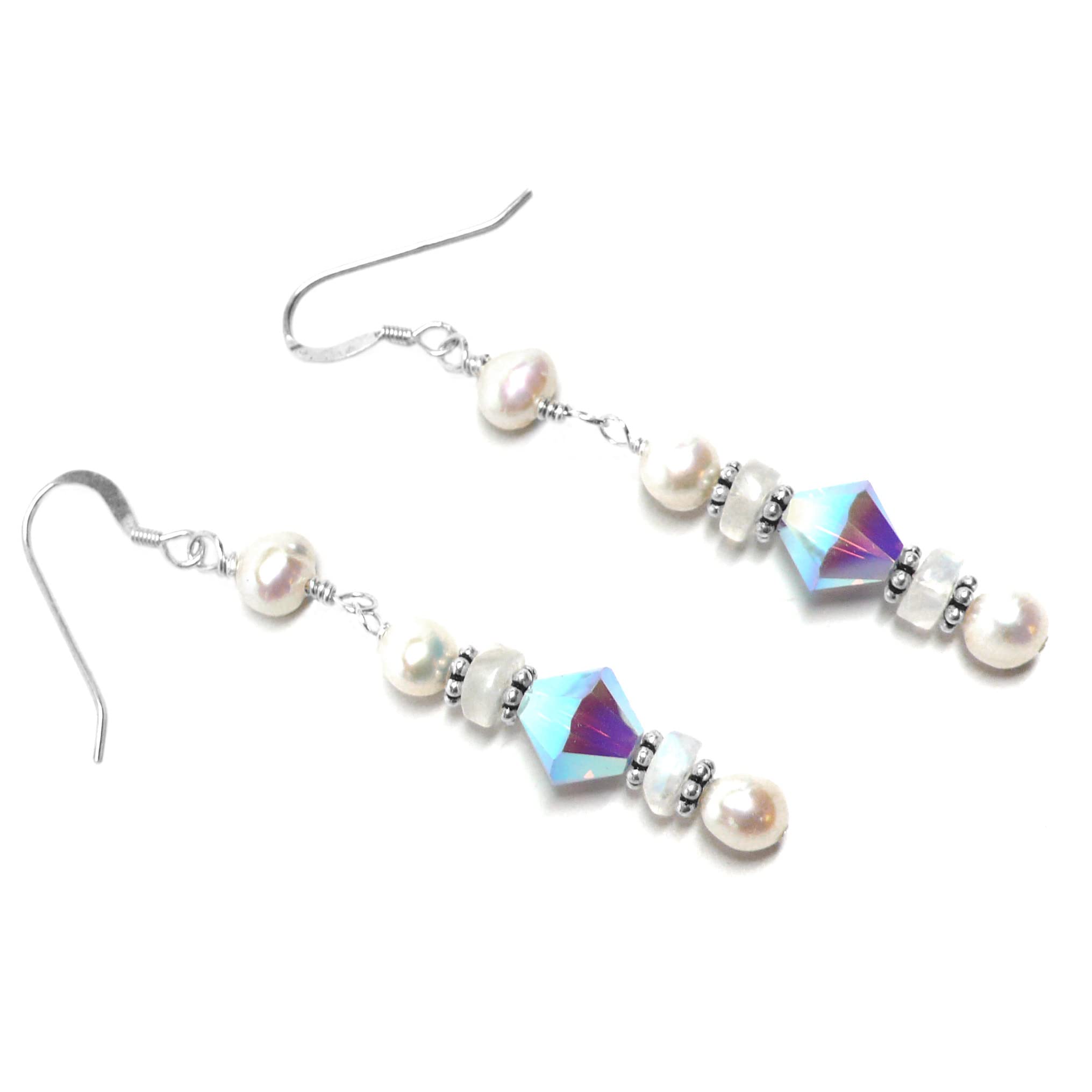 Moonstone Crystal & Sterling Silver Cultured Freshwater Pearl Earrings for Women - Elegant Dangle Earrings for Wedding, Party & Special Occasion Jewelry Gifts