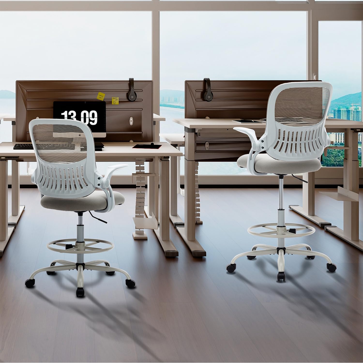 Ergonomic Drafting Chair with Flip-Up Armrests & Adjustable Footrest - High Desk Chair with Lumbar Support & Height Adjustment - Perfect for Artists, Architects & Office Workstations (Gray)