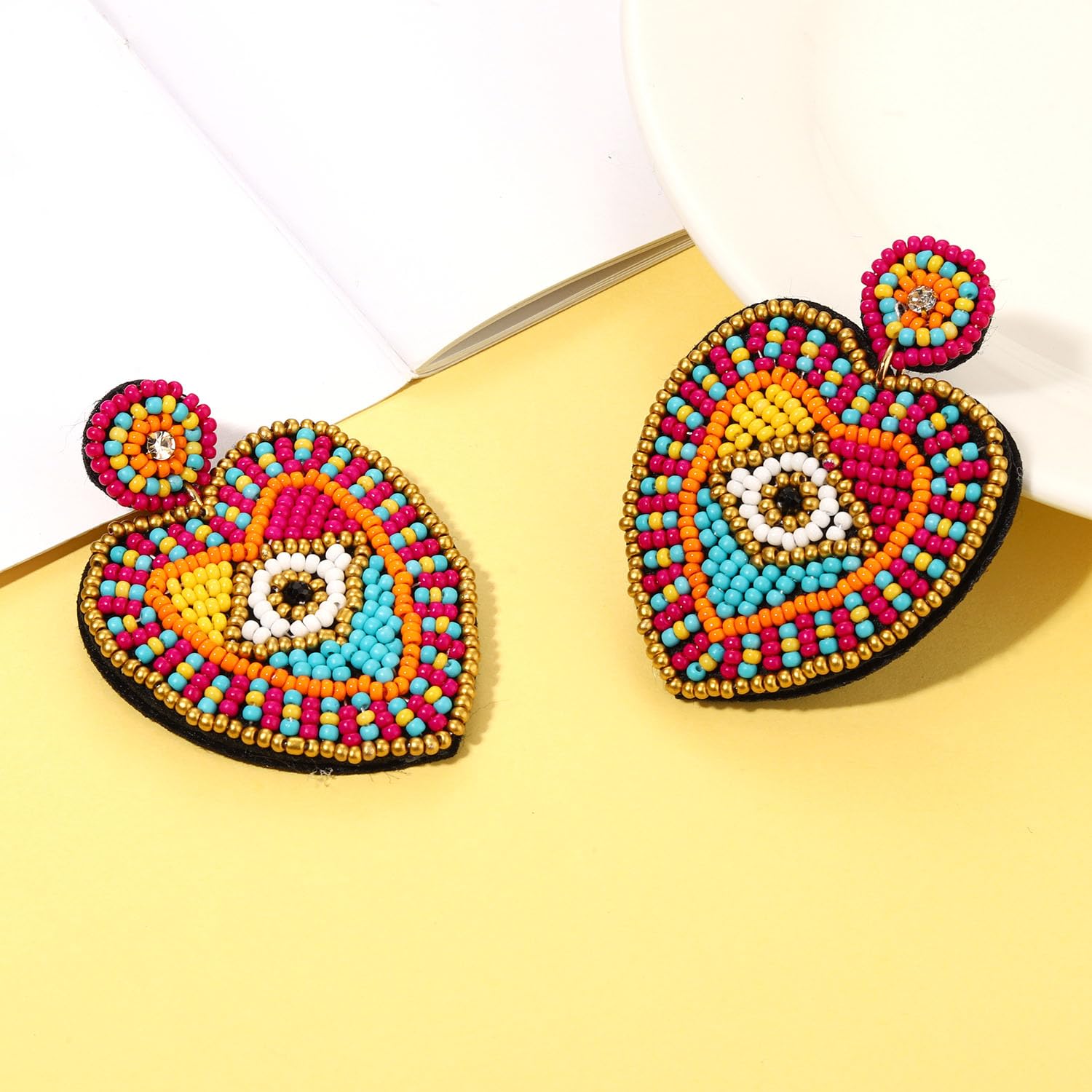 Handmade Bohemian Beaded Evil Eye Drop Dangle Earrings for Women - Multicolor Round Heart Statement Jewelry for Party, Wedding & Boho Fashion Accessories