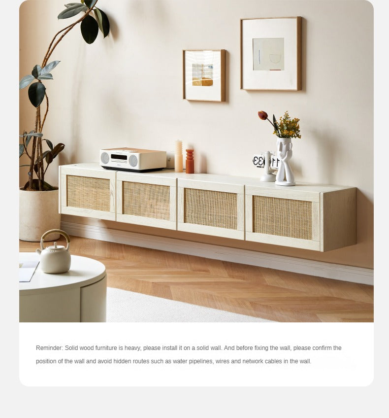Solid Oak Wood Rattan TV Stand with Suspended Design - Stylish Media Console for Living Room, Bedroom & Home Theater