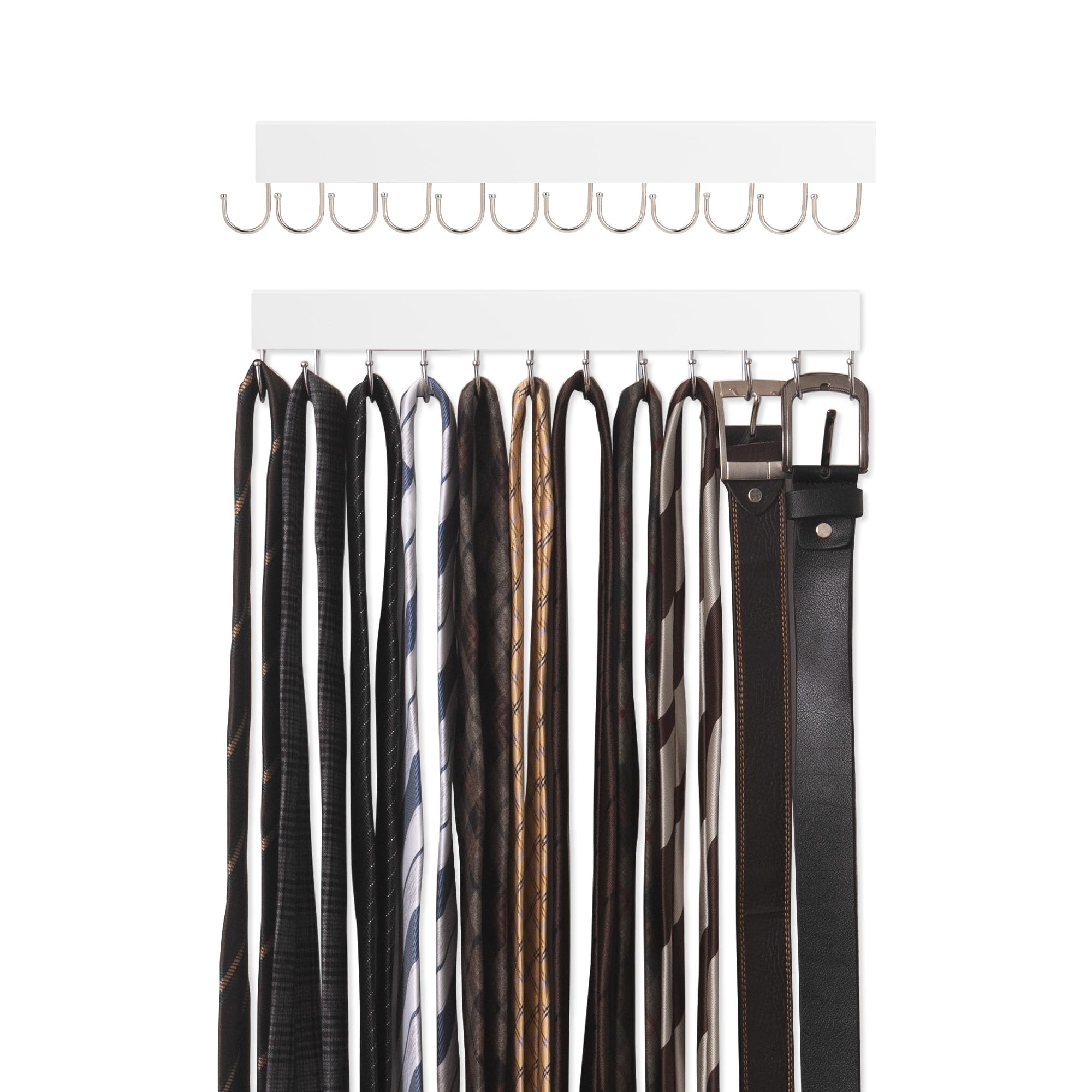 StorageWorks 12-Hook Wall-Mounted Tie Rack - 2 Pack Wooden Hangers for Neckties, Belts & Hats (White) - Perfect for Closet Organization & Accessory Storage