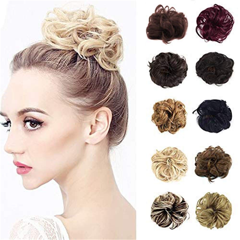 Messy Hair Bun Extensions for Women - Synthetic Hair Donut Updo Ponytail Scrunchies (2-Pack, #30 Dark Brown & Light Auburn) - Perfect for Casual, Work & Special Occasions