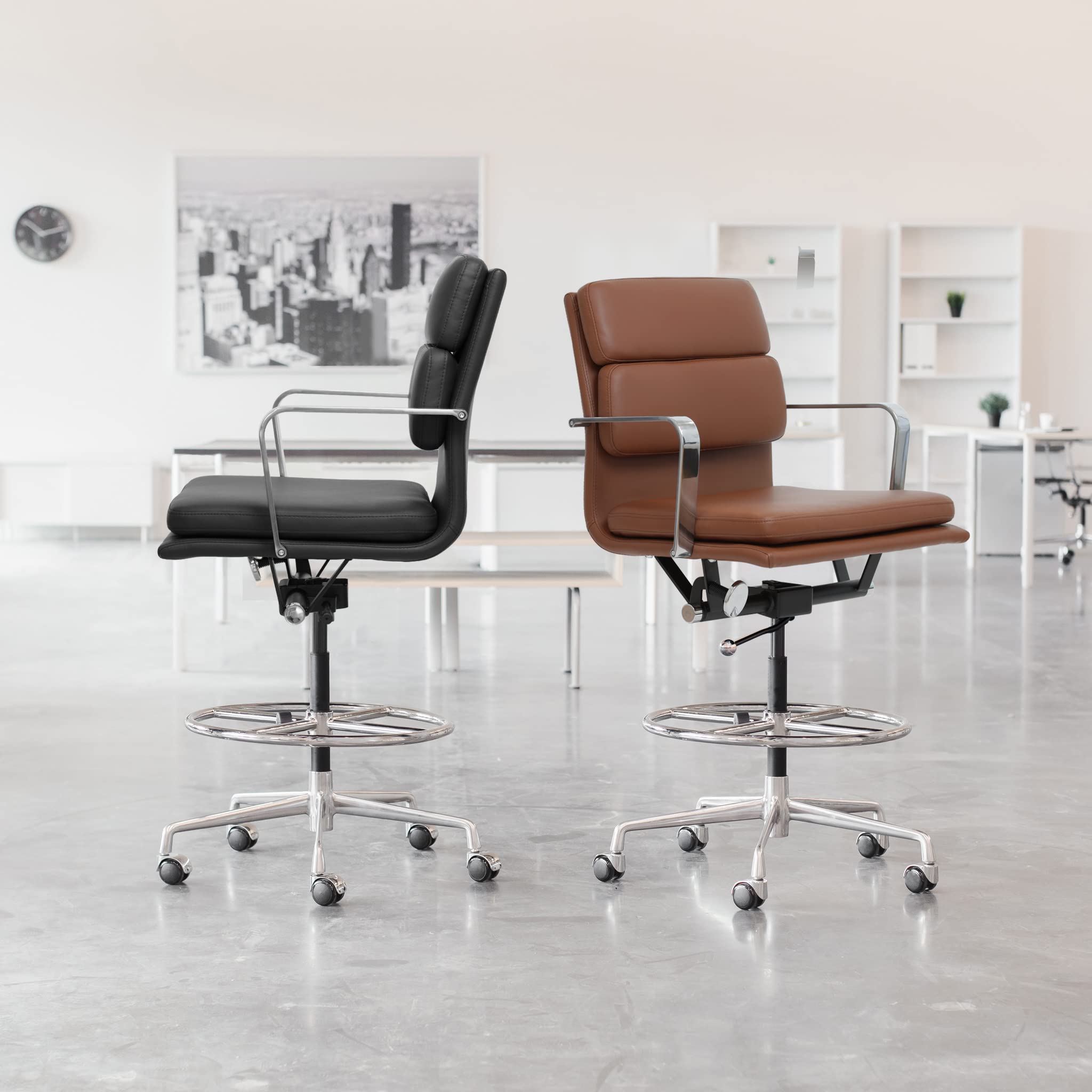 Laura Davidson SOHO II Ergonomic Drafting Chair for Standing Desks - Adjustable Height Padded Office Chair with Armrests & Cushion, Faux Leather Executive Chair in Blue - Perfect for Home Office, Studio, and Commercial Workspaces