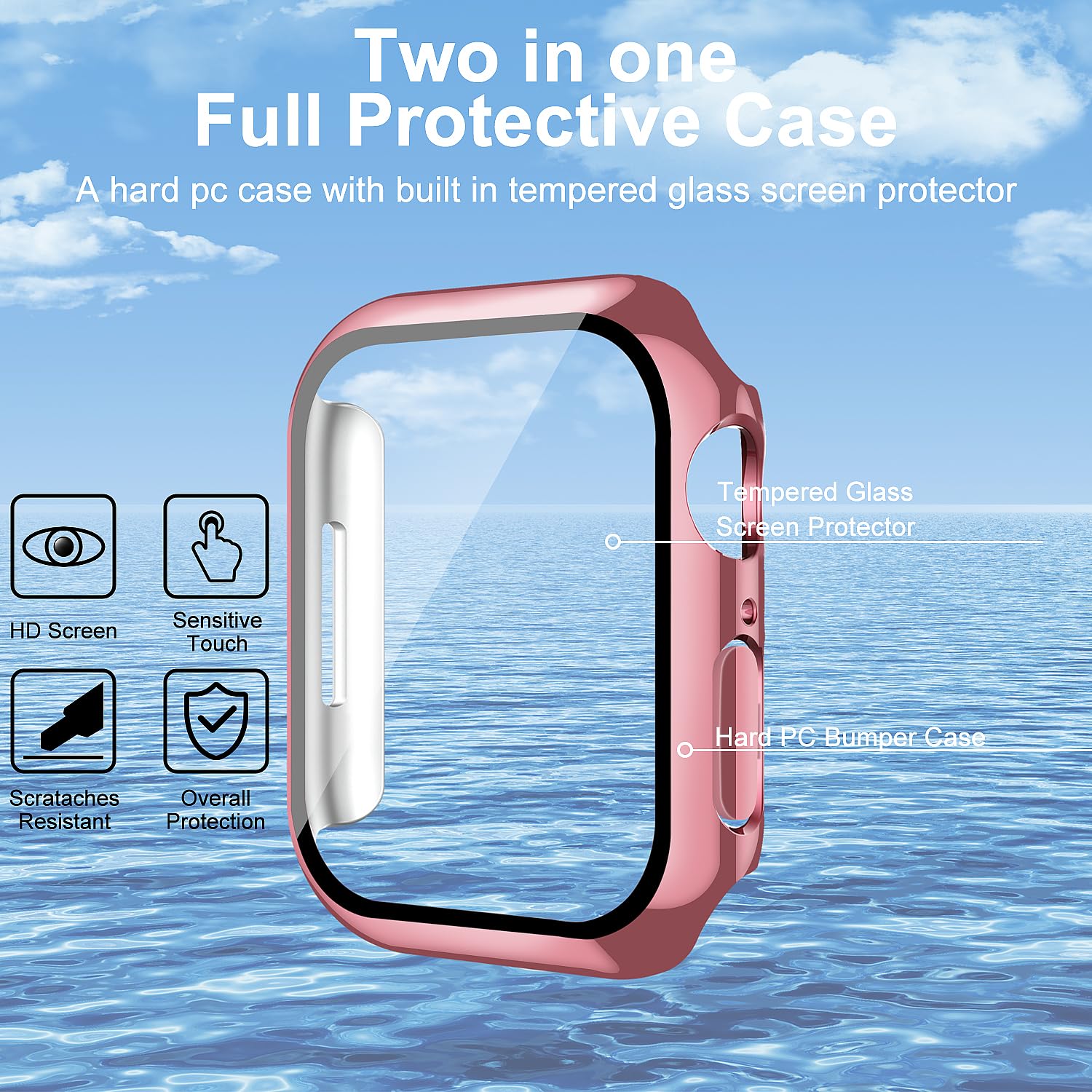2 Pack Apple Watch Case with Tempered Glass Screen Protector - Compatible with Series 9/8/7 41mm, Durable PC Protective Cover (Rose Pink + Clear) - Perfect for Workouts, Outdoor Activities & Everyday Use