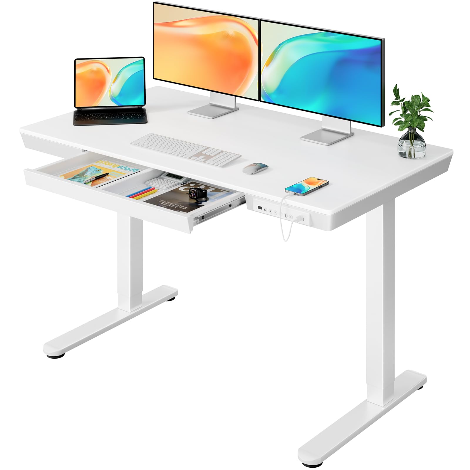ErGear 48 x 24 Inch Electric Standing Desk with Drawers & USB Ports - Adjustable Height Wooden Computer Desk for Home Office (White) | Perfect for Remote Work, Gaming Setup & Study Space