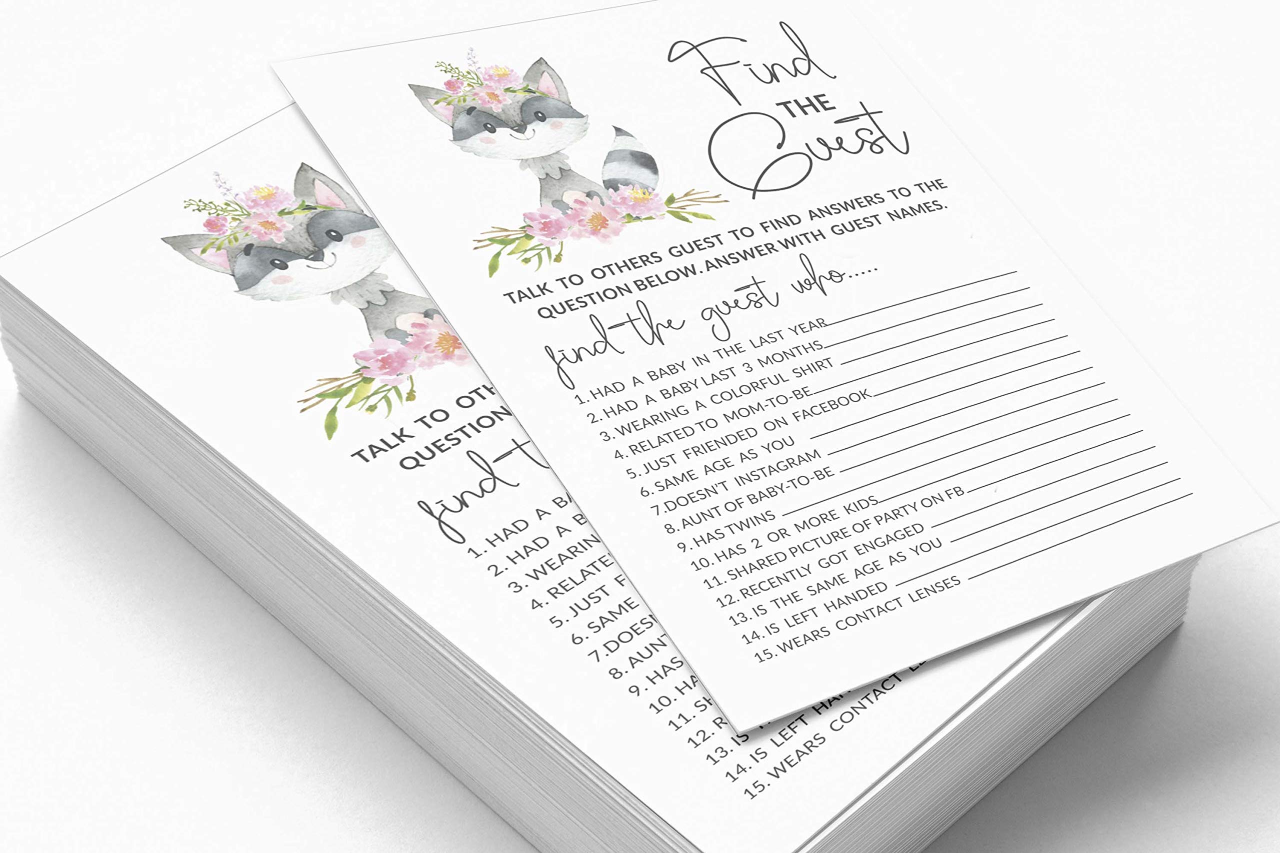 50 Find The Guest Baby Shower Game - Gender Neutral Floral Raccoon Icebreaker Party Supplies for Baby Shower, Gender Reveal, and Coed Celebrations