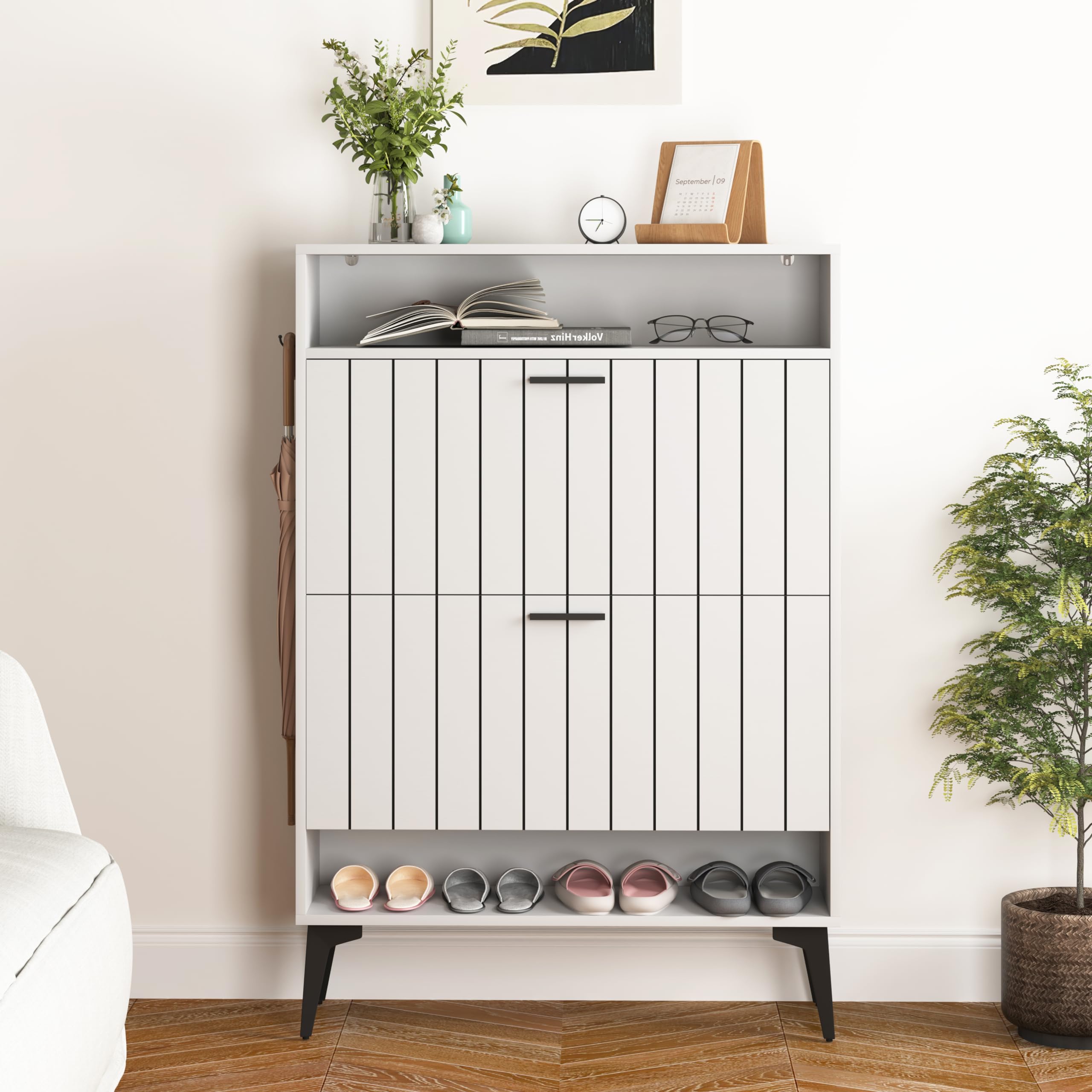 2-Tier Flip-Drawer Shoe Cabinet with 4 Open Shelves - Freestanding Narrow Shoe Organizer Rack for Entryway & Hallway - Perfect for Small Spaces, Apartment Living & Closet Storage