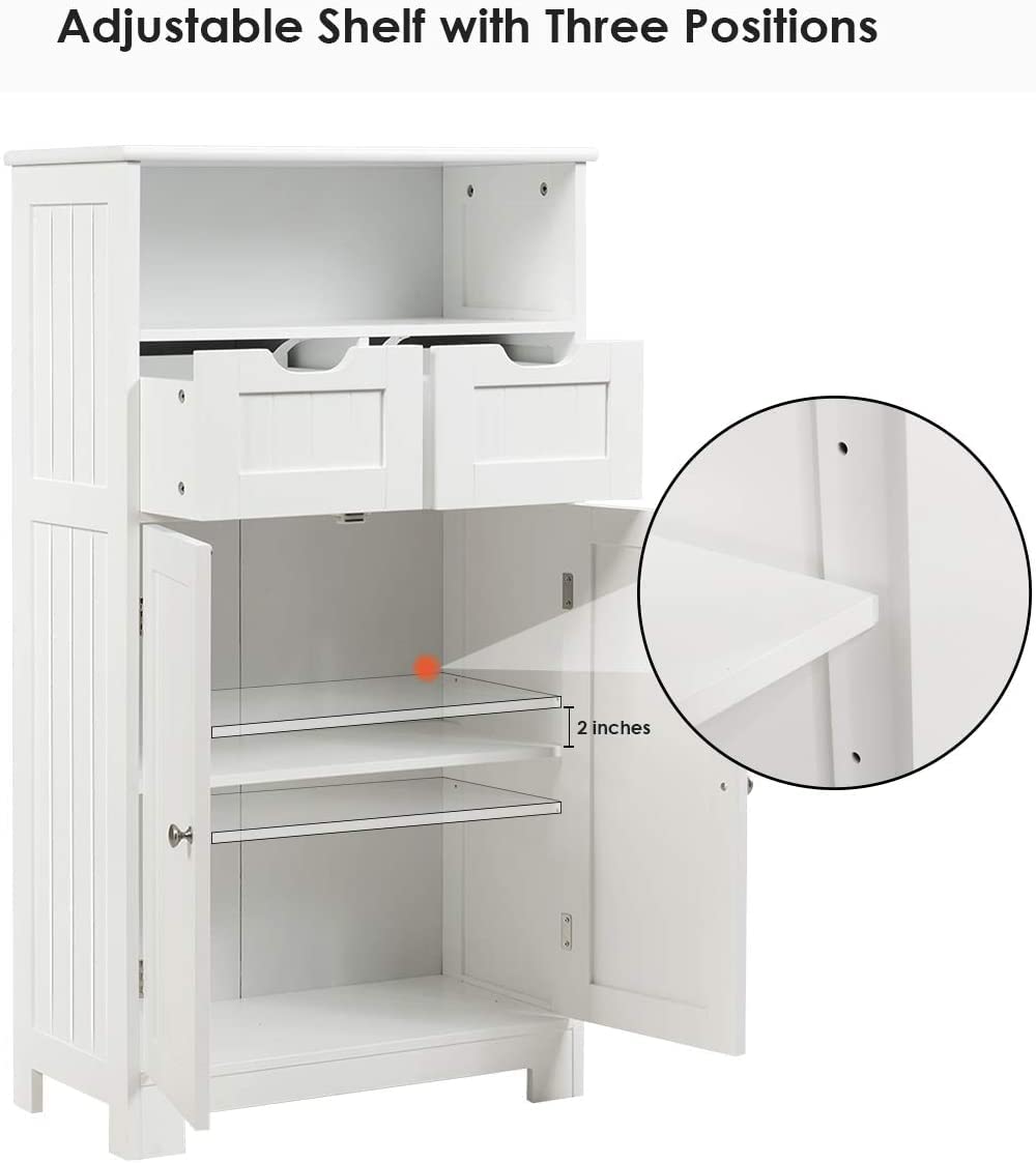 Rainfally Bathroom Storage Cabinet with Open Shelf, 2 Doors & Adjustable Drawers - White Standing Cupboard for Kitchen, Bathroom, Bedroom & Office - Perfect for Organizing Towels, Toiletries & Cleaning Supplies
