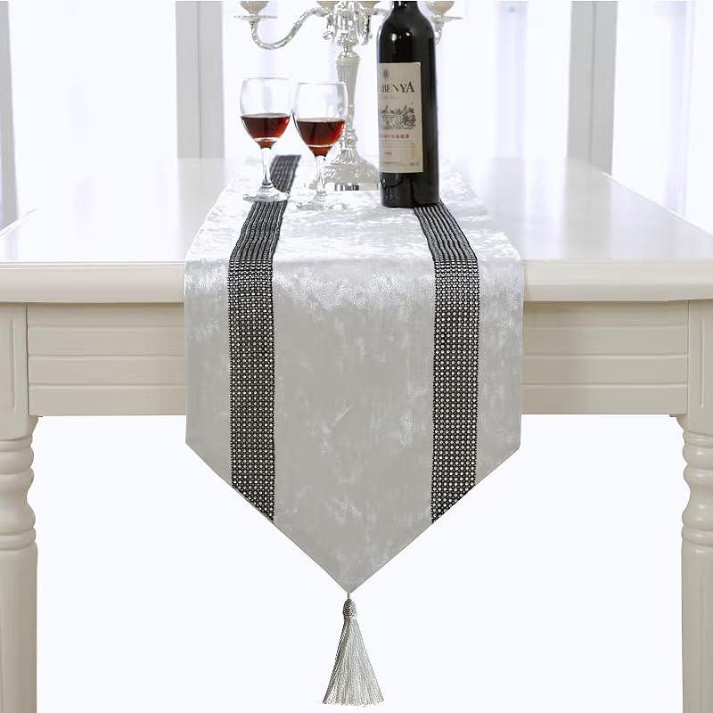 Jiino 98 Inch Long Creamy White Glitter Table Runner - Elegant Kitchen, Coffee, Dining, Sofa & End Table Decor for Holiday Dinners, Bedroom & Living Room Home Decor