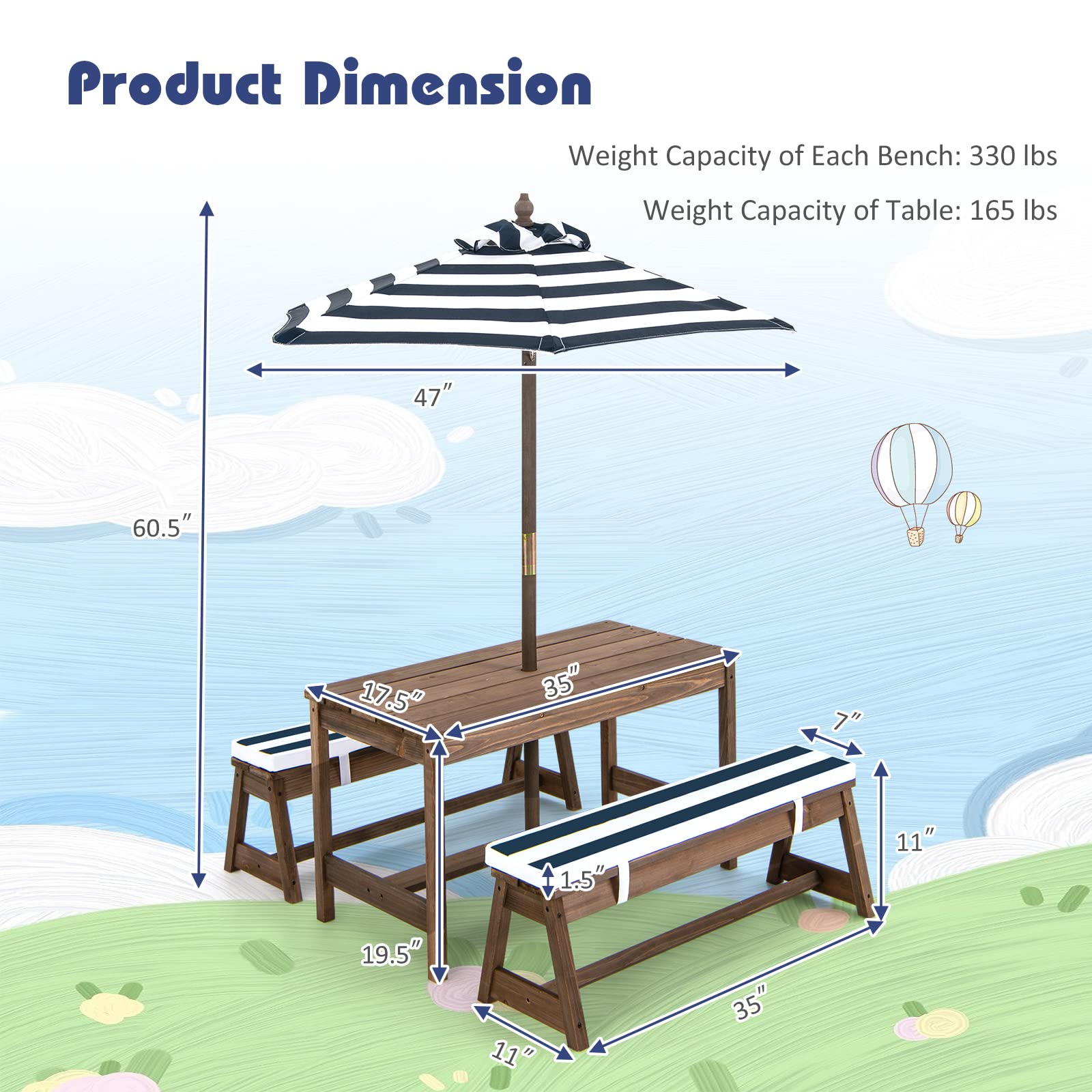 DORTALA Kids Picnic Table with Umbrella & Cushions - Wooden Outdoor Toddler Table and Bench Set for Ages 3-8, Blue - Perfect for Backyard Playdates, Birthday Parties & Outdoor Activities