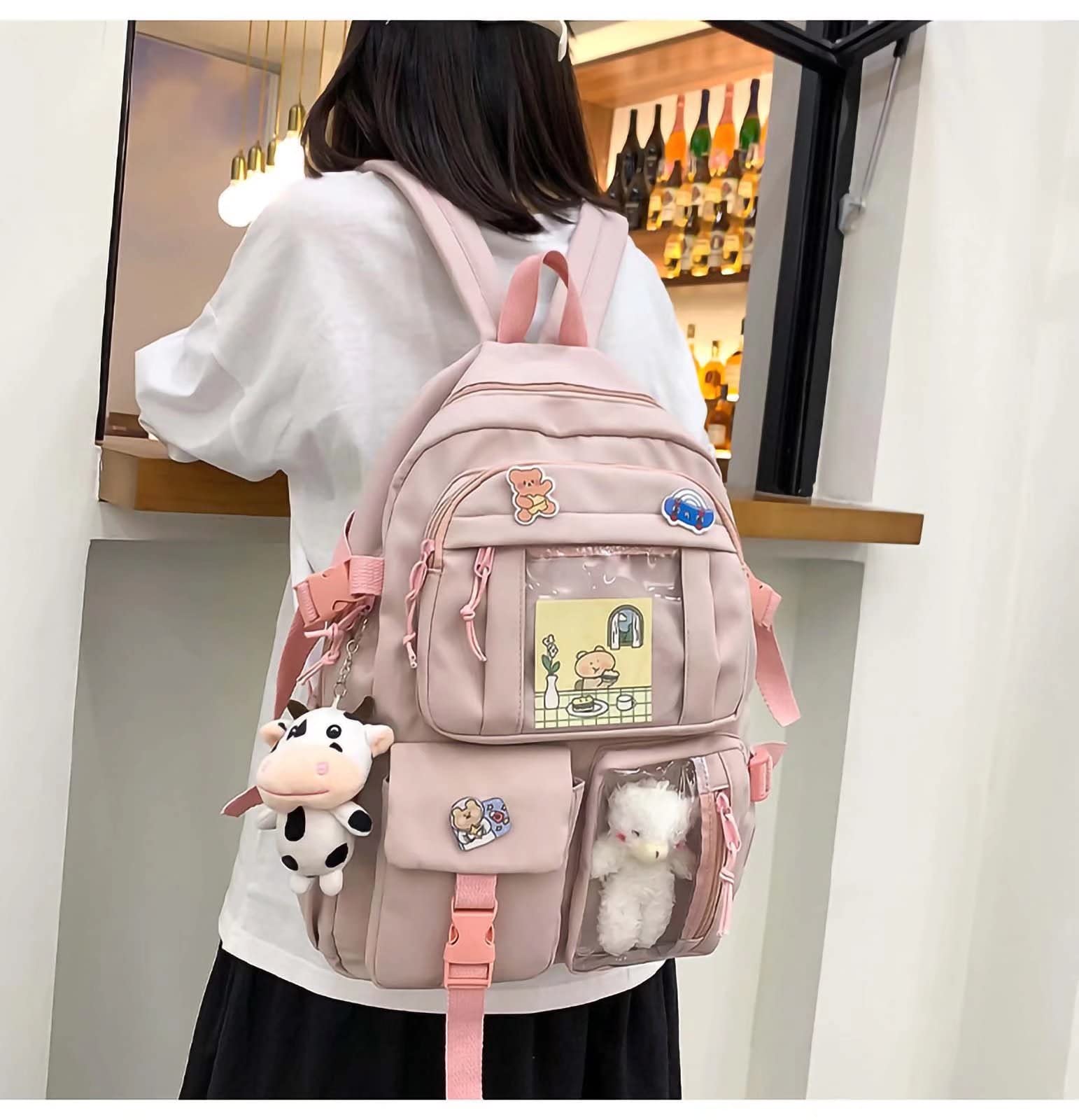 Cute Kawaii Backpack with Plush Pendant & Pins - Aesthetic School Bag for Girls, Teens & College Students | Perfect for School, Travel & Everyday Use