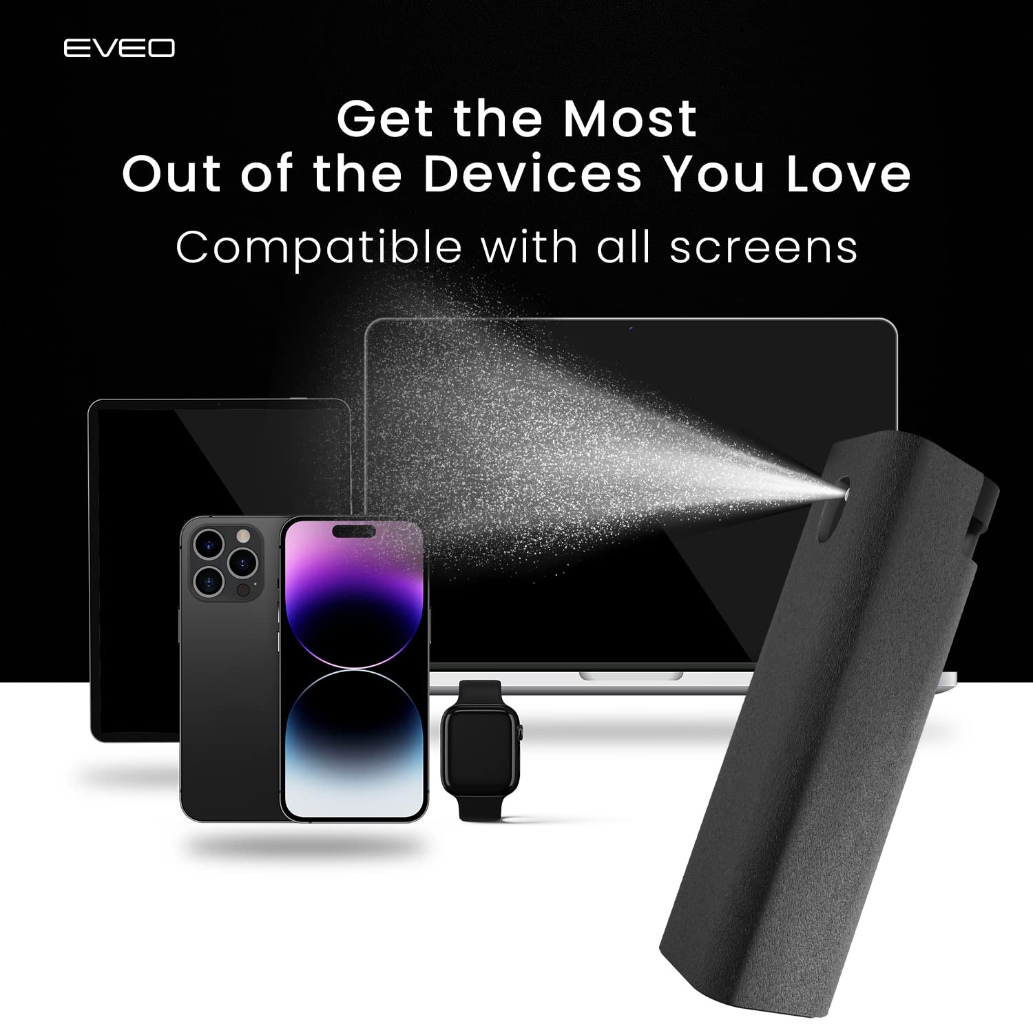 Eveo 2-in-1 Screen Cleaner Spray & Wipes - Safe Touchscreen Cleaning Solution for iPhone, iPad, MacBook, Laptop, Computer & Car Screens (0.3oz, Purple) - Perfect for Office, Home & Travel Use