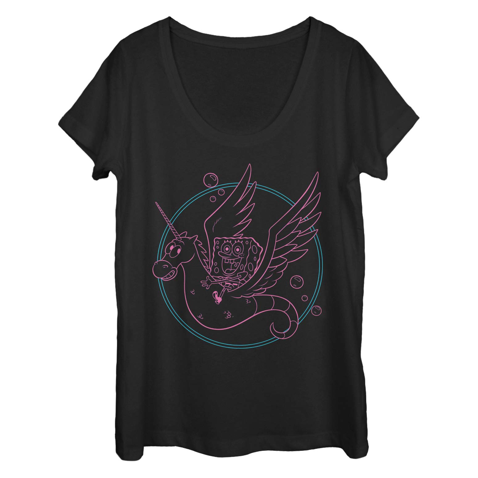SpongeBob SquarePants Women's Seahorse Unicorn Graphic Scoop Neck T-Shirt - Fun Cartoon Tee for Casual Wear, Cosplay & Gift Giving