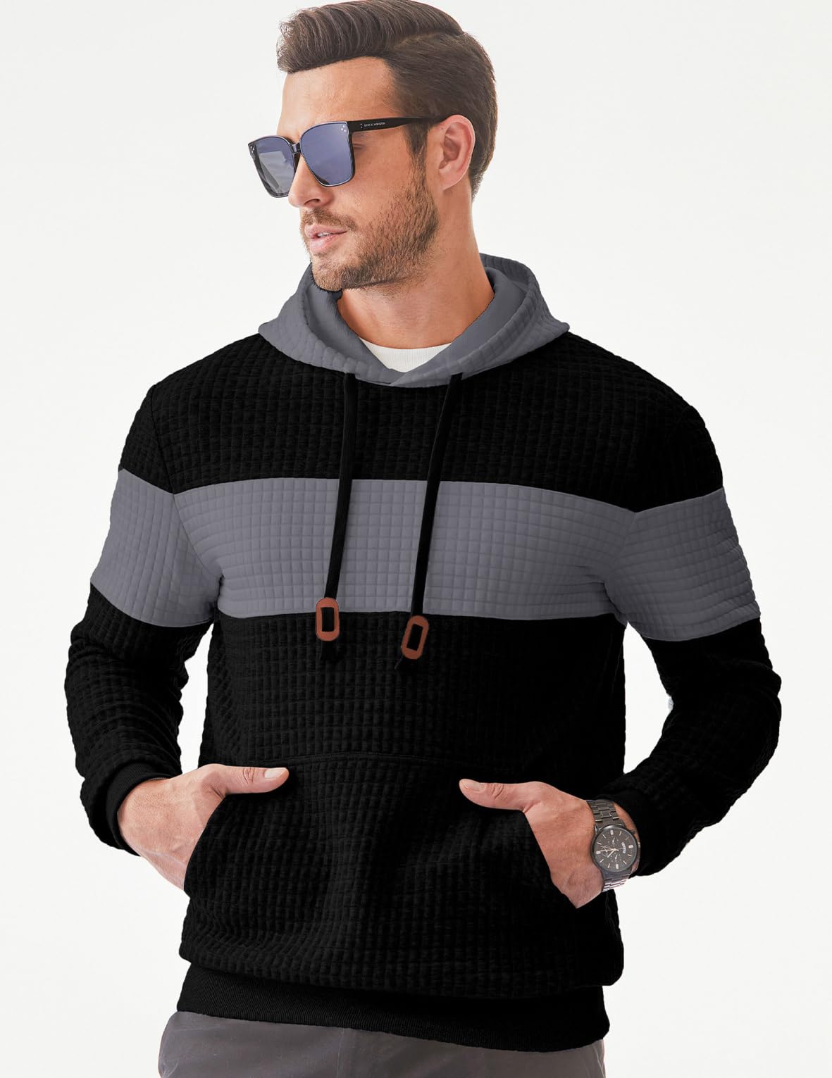 Men's Casual Hooded Waffle Knit Sweatshirt with Drawstring & Pockets | Color Block Long Sleeve Pullover for Streetwear & Loungewear