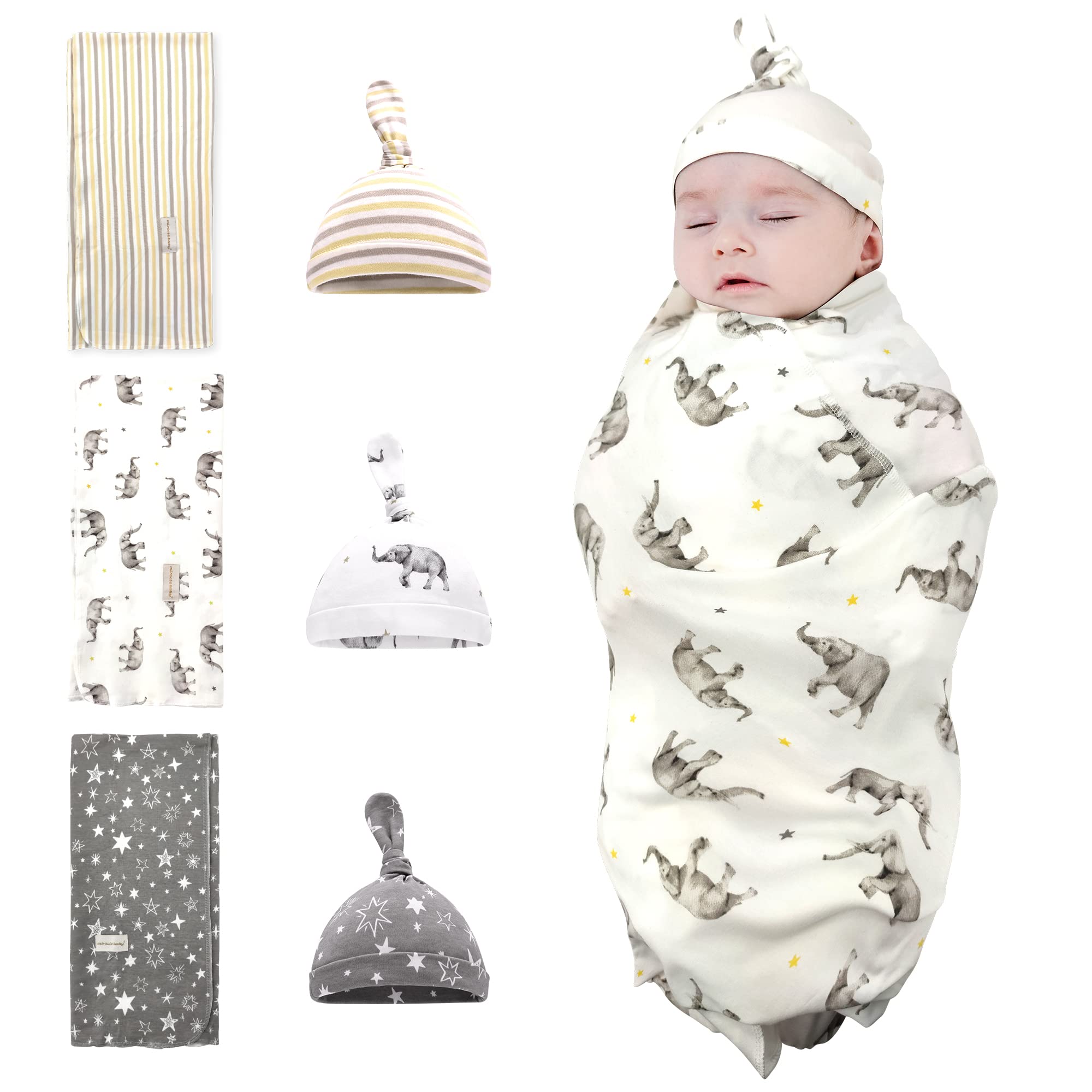 6 Pack 100% Cotton Newborn Swaddle and Hat Set - Soft Muslin Baby Blankets 35