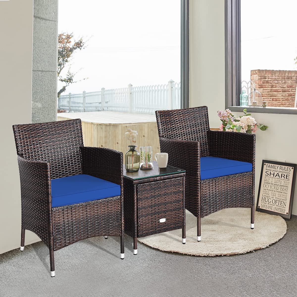 RELAX4LIFE 3-Piece Outdoor Patio Furniture Set with Removable Cushions - Rattan Wicker Conversation Set with Square Coffee Table - Navy Blue Bistro Set for Garden, Balcony, Poolside & Backyard Relaxation