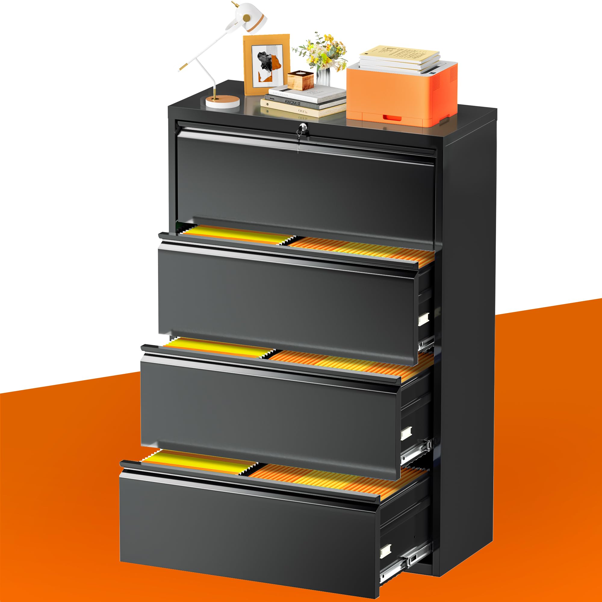 INTERGREAT 4-Drawer Metal Lateral File Cabinet - Locking Horizontal Filing Cabinet for Home Office, Letter/Legal/F4/A4 Hanging Files, Black (28