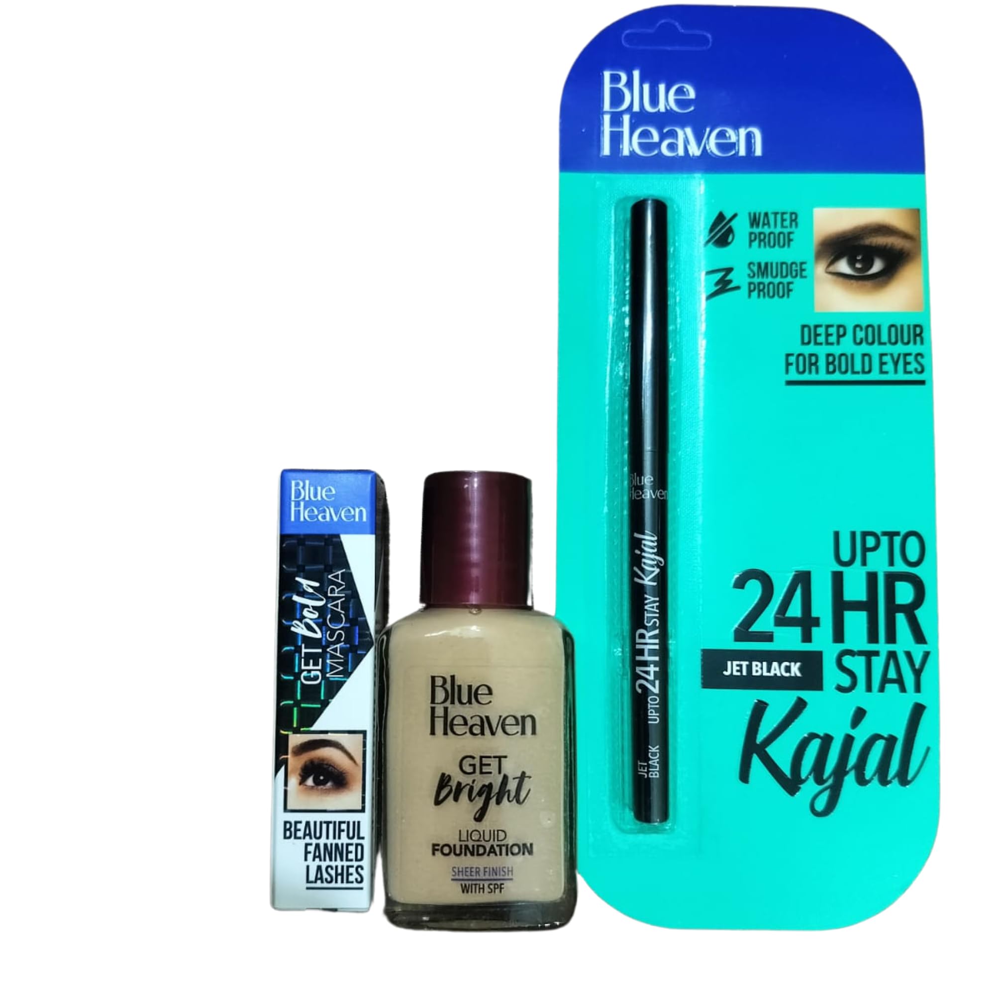 BLUE HEAVEN Soft Kajal Eyeliner, Regular Mascara & Mini Foundation Set - Waterproof Smudge-Proof Eye Makeup Kit for Daily Use & Special Occasions