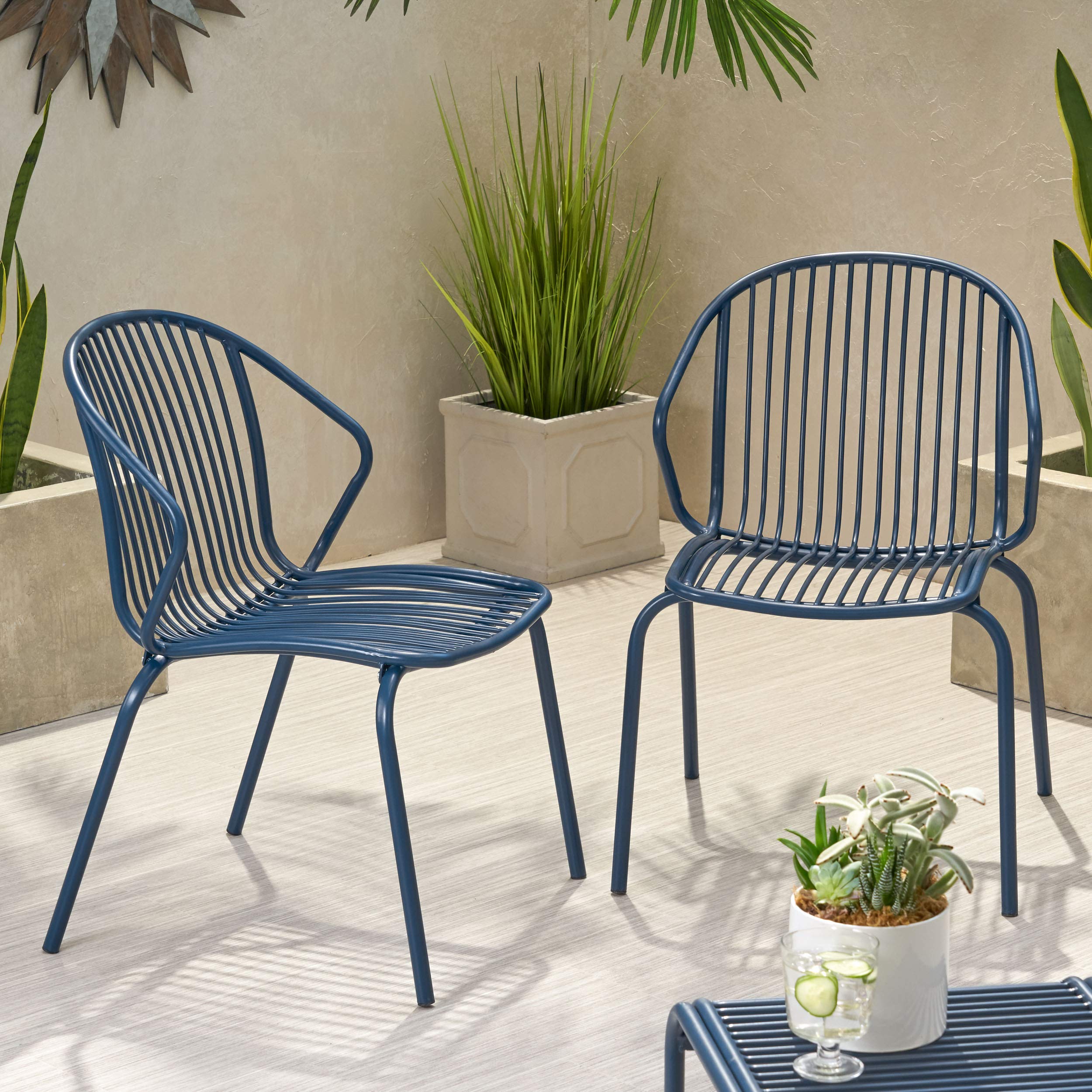 Modern Outdoor Iron Club Chairs (Set of 2) - Navy Blue Patio Furniture for Garden, Poolside & Backyard Relaxation - Weather-Resistant & Comfortable Seating