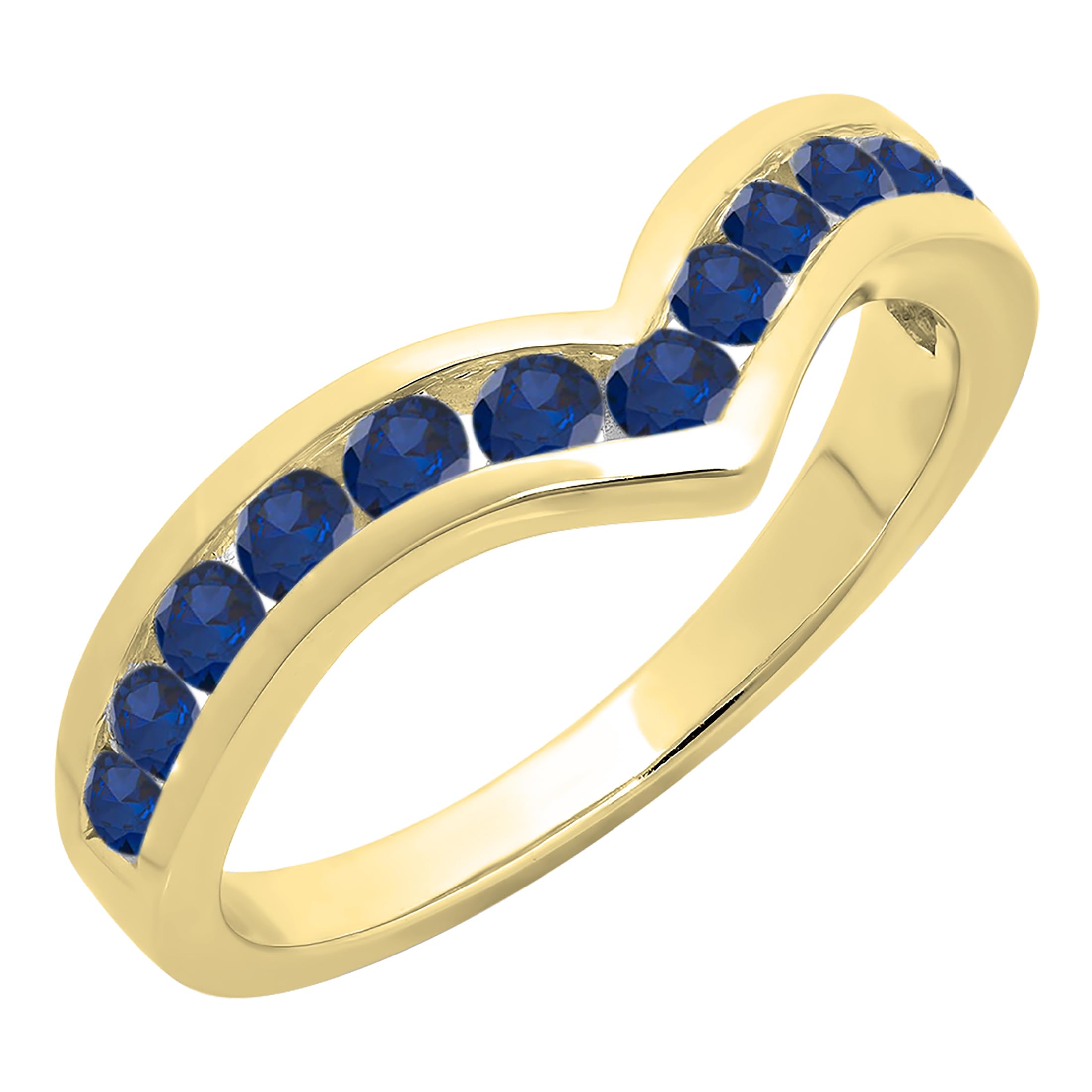 14K Gold Blue Sapphire Chevron Band - Stackable Anniversary Ring for Women