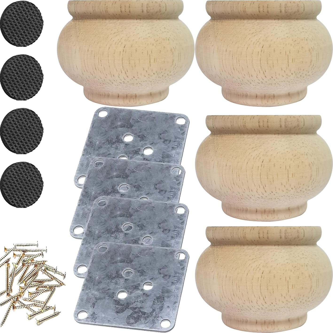 2 Inch Solid Wood Furniture Legs - Unpainted DIY Replacement Legs for Cabinets, Desks, Sofas & Bookcases - Round Bun Feet with Mounting Plate & Screws (Set of 4) - Perfect for Home Office, Living Room & Bedroom Furniture Upgrades