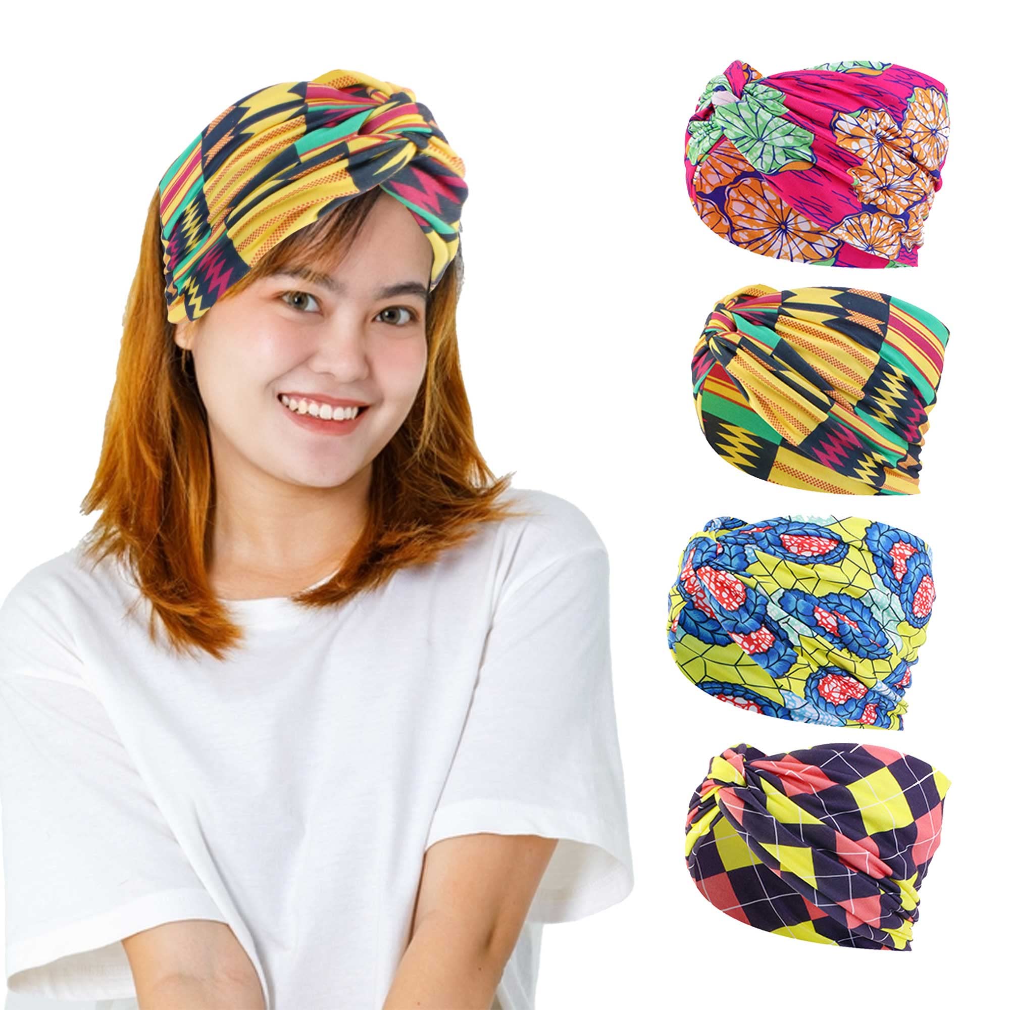 4-Pack African Knotted Headbands - Stretchy Yoga Turban Headwraps for Women & Girls | Vintage Style Hair Accessories for Workouts, Yoga, and Everyday Fashion