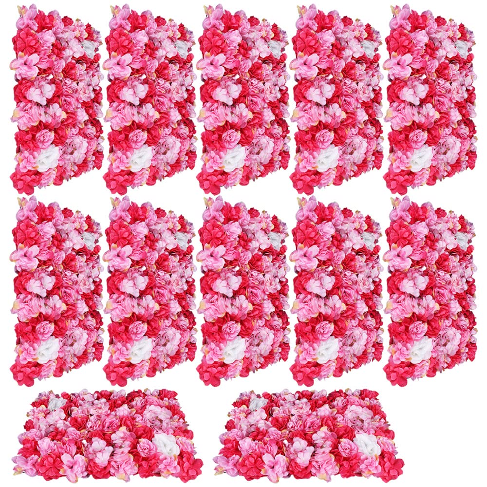 12 Pieces Artificial Silk Flower Wall Panels - Pink Romantic Roses Backdrop for Wedding, Party, Photo Booth & Home Decoration | Hanging Floral Wall Decor for Venue, Main Road & Event Backgrounds