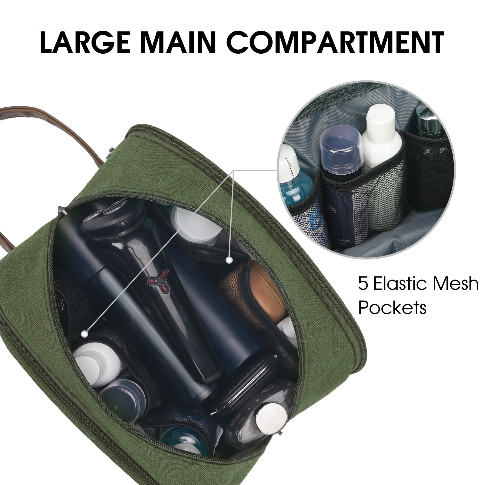 WANDF Men's Travel Toiletry Bag - Hanging Dopp Kit with Water-Resistant Vegan Leather, Canvas Toiletry Organizer for Shaving & Grooming Accessories (Green) - Perfect for Business Trips, Camping & Gym Essentials