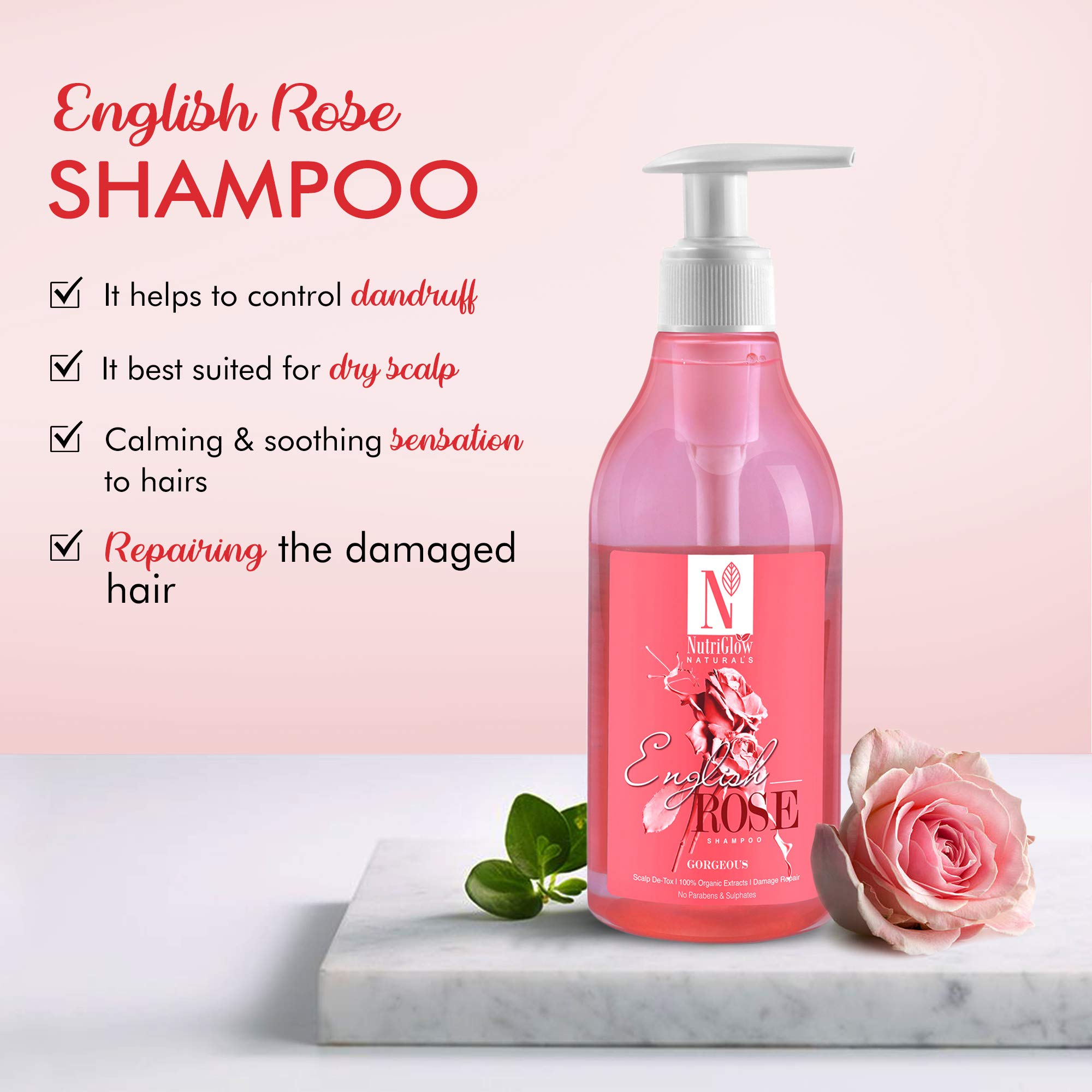 NutriGlow NATURAL'S English Rose Shampoo for Dry Damaged Hair & Sensitive Scalp - Stimulates Hair Growth, Deep Hydration, Voluminous Shine | Paraben-Free, Sulfate-Free, 300ml | Perfect for Daily Hair Care & Scalp Nourishment
