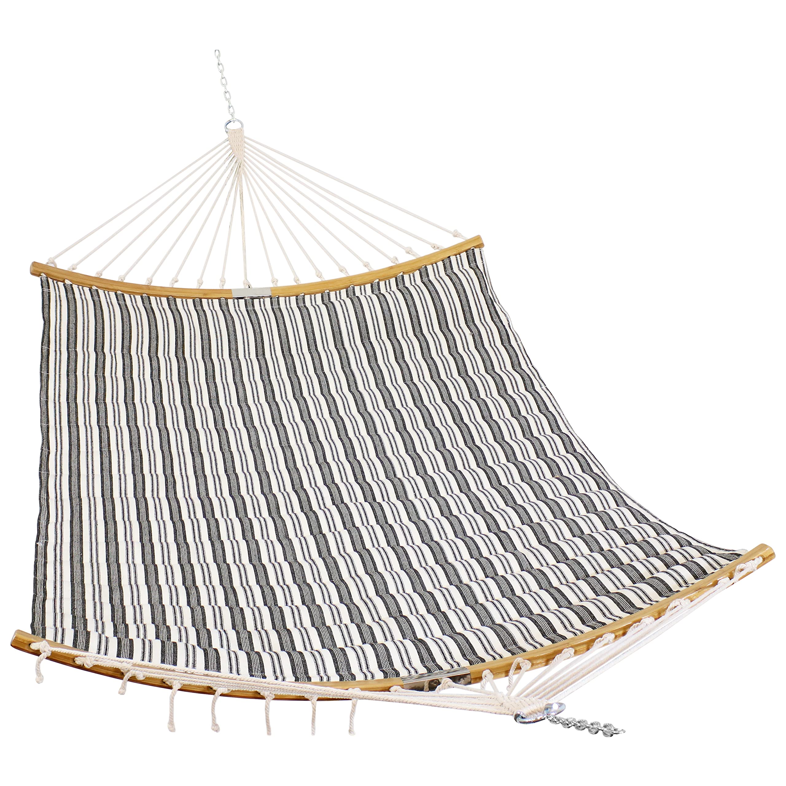 Premium Polycotton Double Hammock with Curved Bamboo Spreader Bars - 450 lb Capacity - Neutral Stripe Design - Perfect for Backyard Relaxation, Camping & Beach Trips