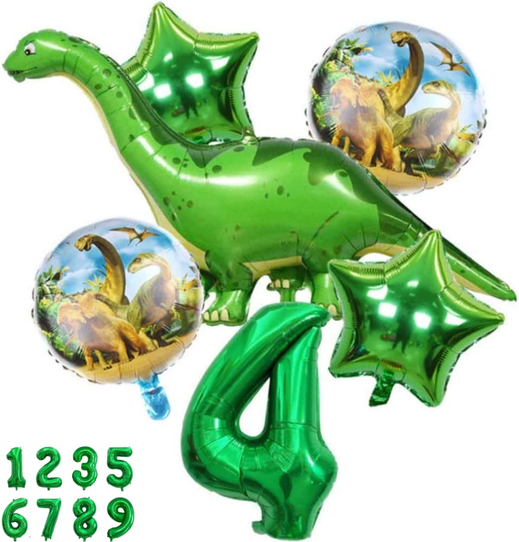 DINOWORLD Dinosaur Party Decorations Set - 4th Birthday Green Number Balloon, Dino Balloons, Long Neck Dinosaur Decorations, Foil Balloons for Kids Birthday Party | Perfect for Jurassic Themed Decor, Baby Shower & Classroom Dinosaur Decor