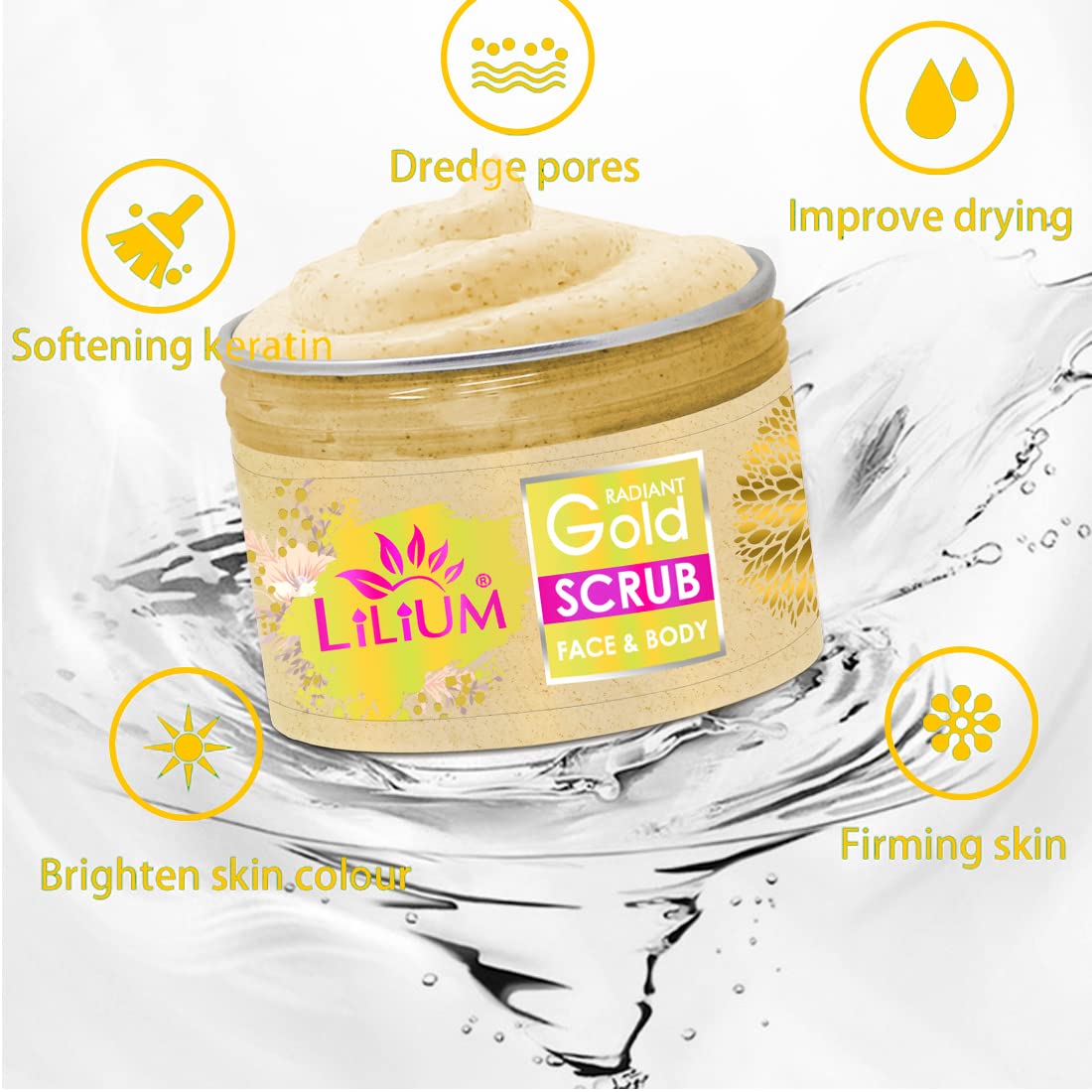 Lilium Radiant Gold Face Scrub 250g - Deep Exfoliating Cleanser for Dead Skin Removal, Tan & Blackhead Treatment | Natural, Paraben-Free Formula | Perfect for Daily Skincare Routine & Spa Days