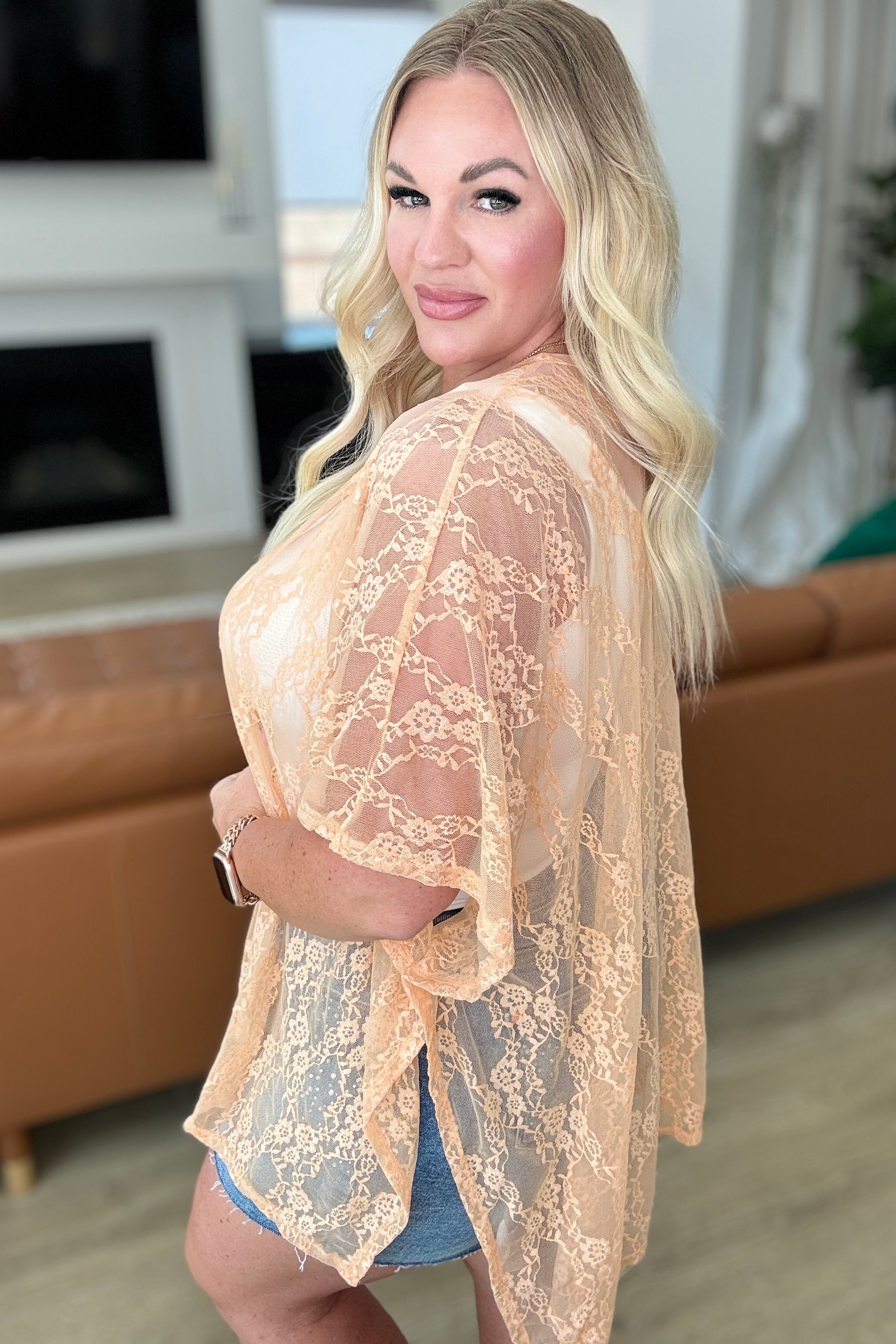 Good Days Ahead Lace Kimono Robe - Peach Color Lightweight Cover Up for Women | Perfect for Beach, Poolside, Bridal Party & Lounge Wear