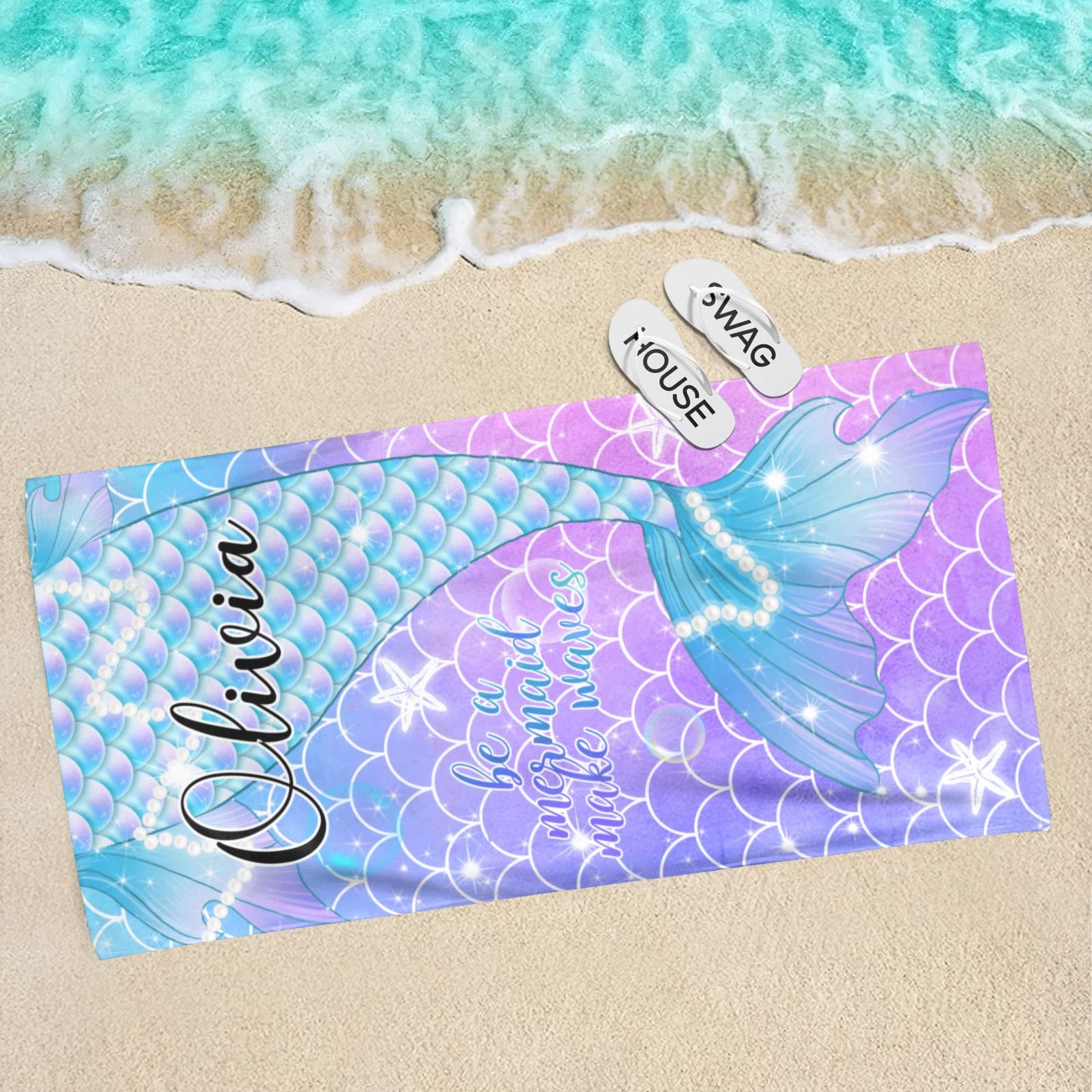 Custom Personalized Mermaid Beach Towel for Kids & Girls - Embroidered Name Mermaid Tail Towel (Black) | Perfect for Pool, Beach, Vacation & Summer Gifts