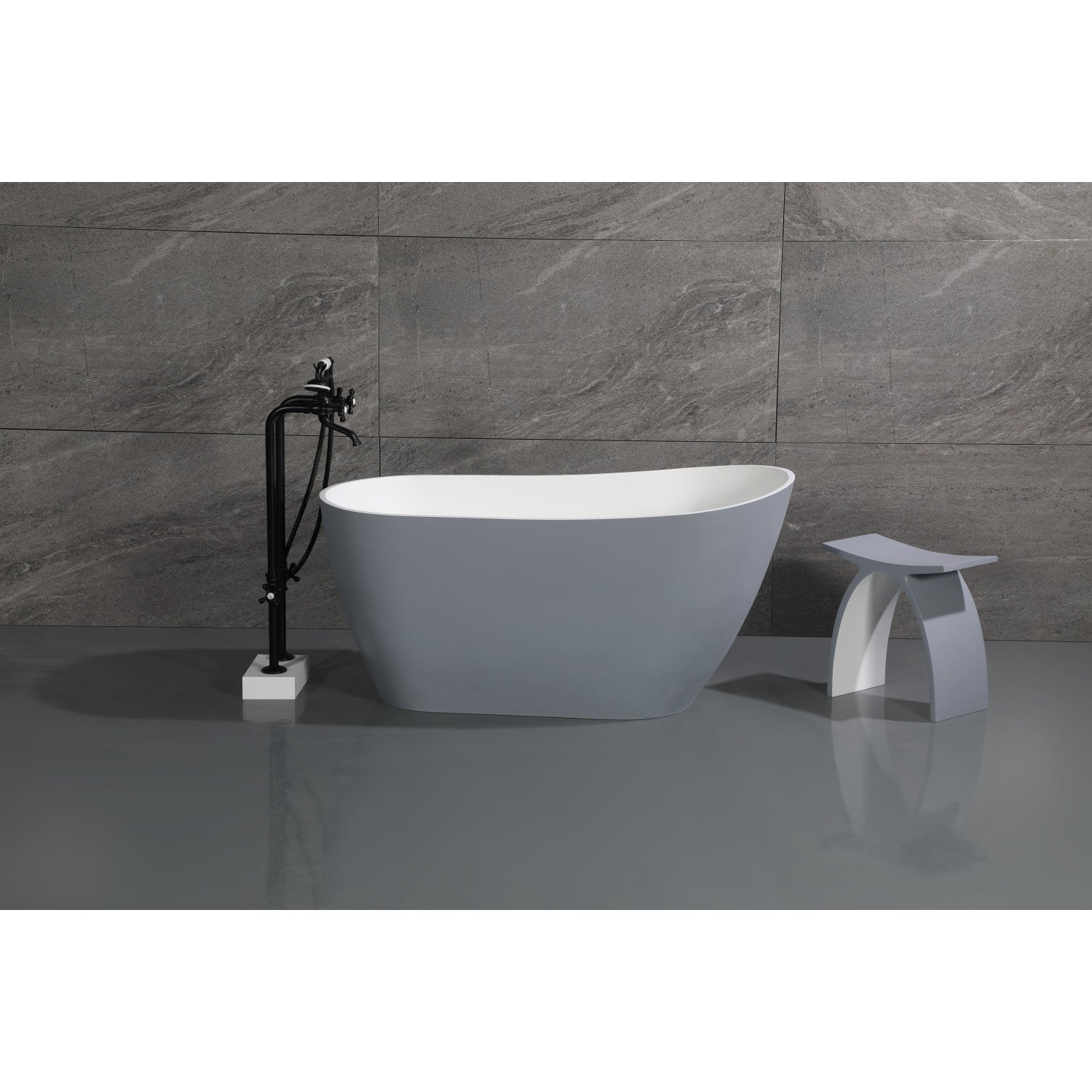 Arcticstone 52 Inch Freestanding Oval Bathtub - VRTSS513026WG Solid Surface Slipper Tub with Drain in Glossy White/Matte Gray | Modern Bathroom Luxury for Spa-Like Relaxation