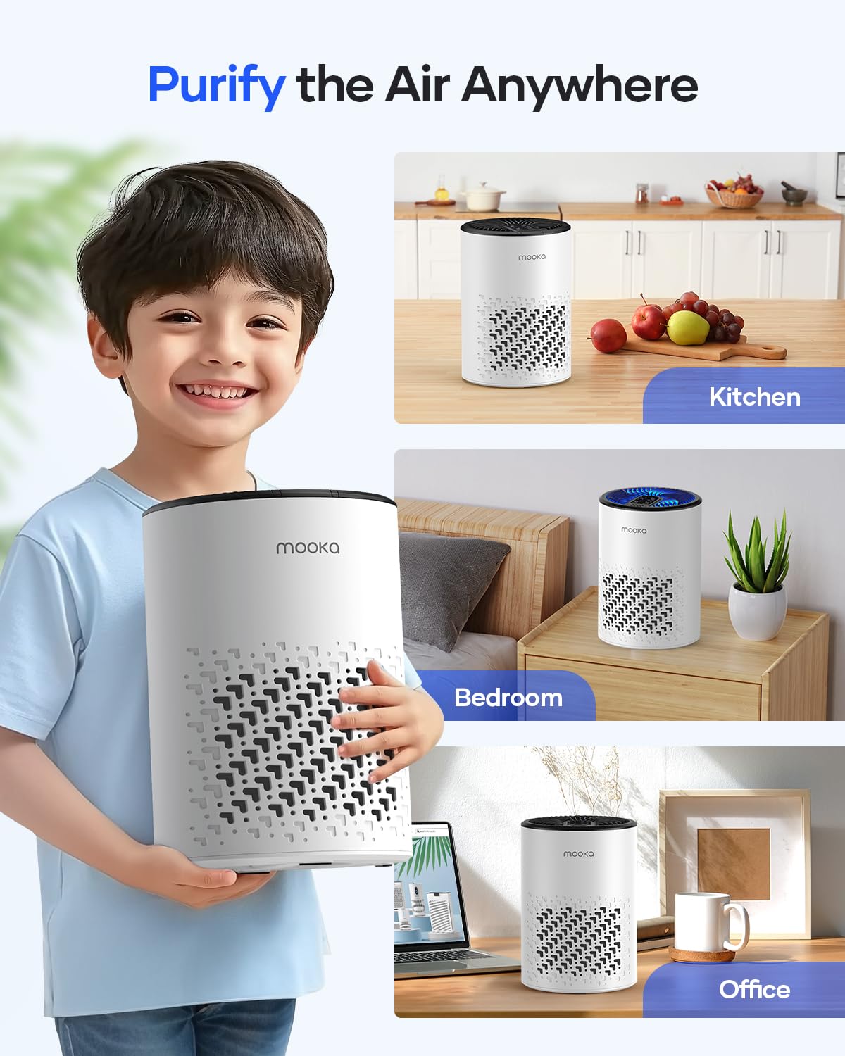 MOOKA HEPA Air Purifier for Bedroom & Home - White KJ067L Small Air Cleaner with Fragrance Sponge, Removes Smoke, Dust, Pollen, Pet Dander & Odors - Sleep Mode, Night Light & Timer - Perfect for Allergies, Asthma & Fresh Indoor Air