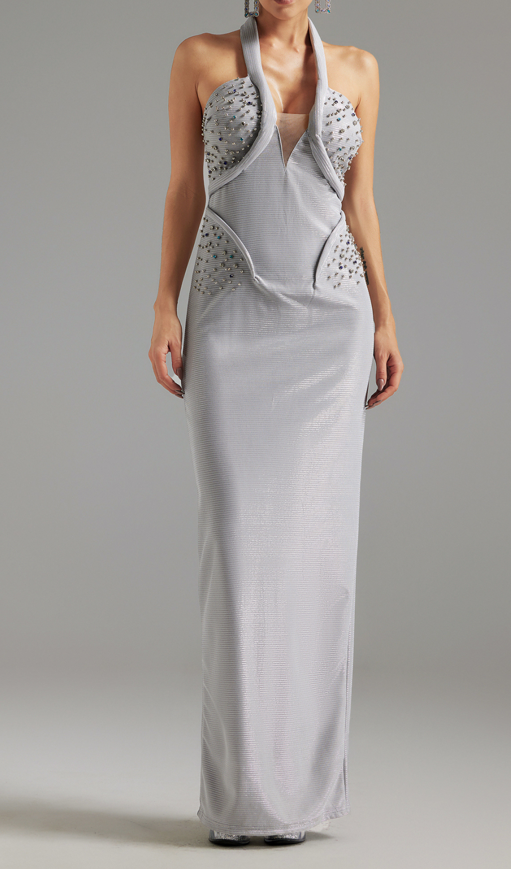 Silver Diamond Embellished Halter Maxi Dress - Elegant Evening Gown for Prom, Wedding & Special Occasions