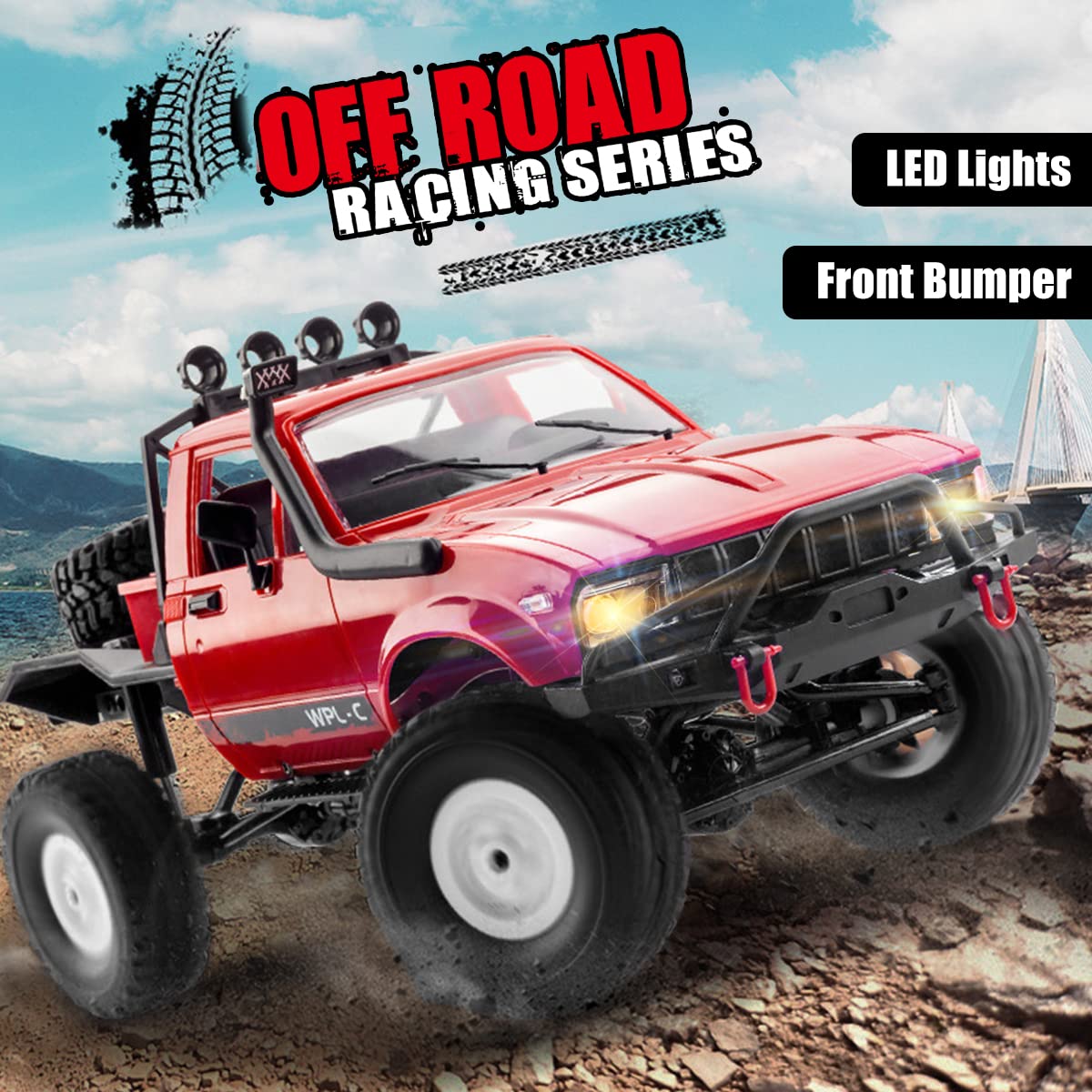 1/16 Scale RC Rock Crawler - WPL C14 4x4 Off-Road Remote Control Truck with LED Lights & 2 Batteries | All Terrain RTR RC Car for Adults & Kids | Outdoor Adventure, Backyard Crawling, Trail Exploration