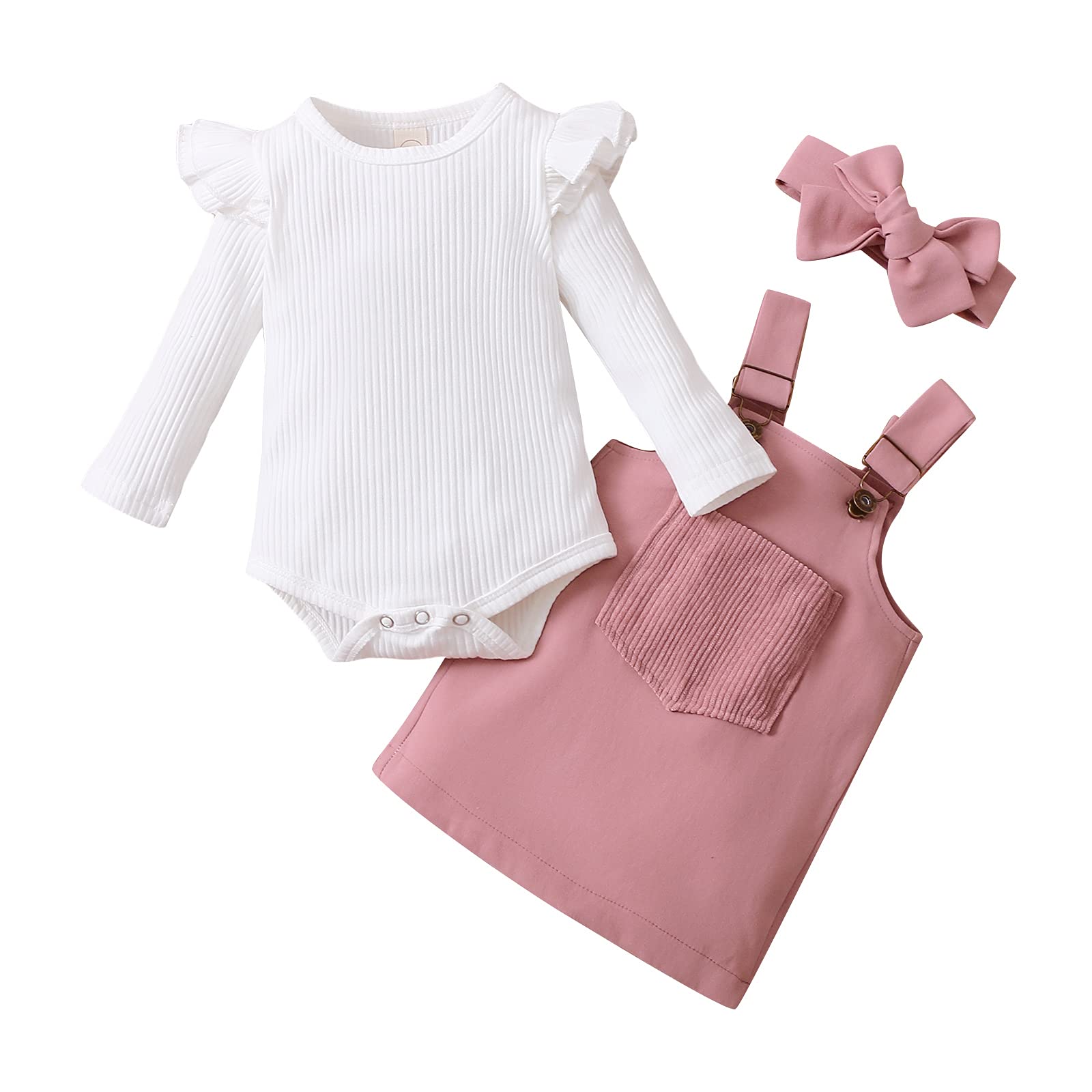 Kupretty Newborn Baby Girl Winter Outfit - Ribbed Romper with Ruffle Long Sleeves & Suspender Skirts Set + Headband | Cozy Fall & Winter Baby Clothes for Photoshoots, Holidays & Family Gatherings
