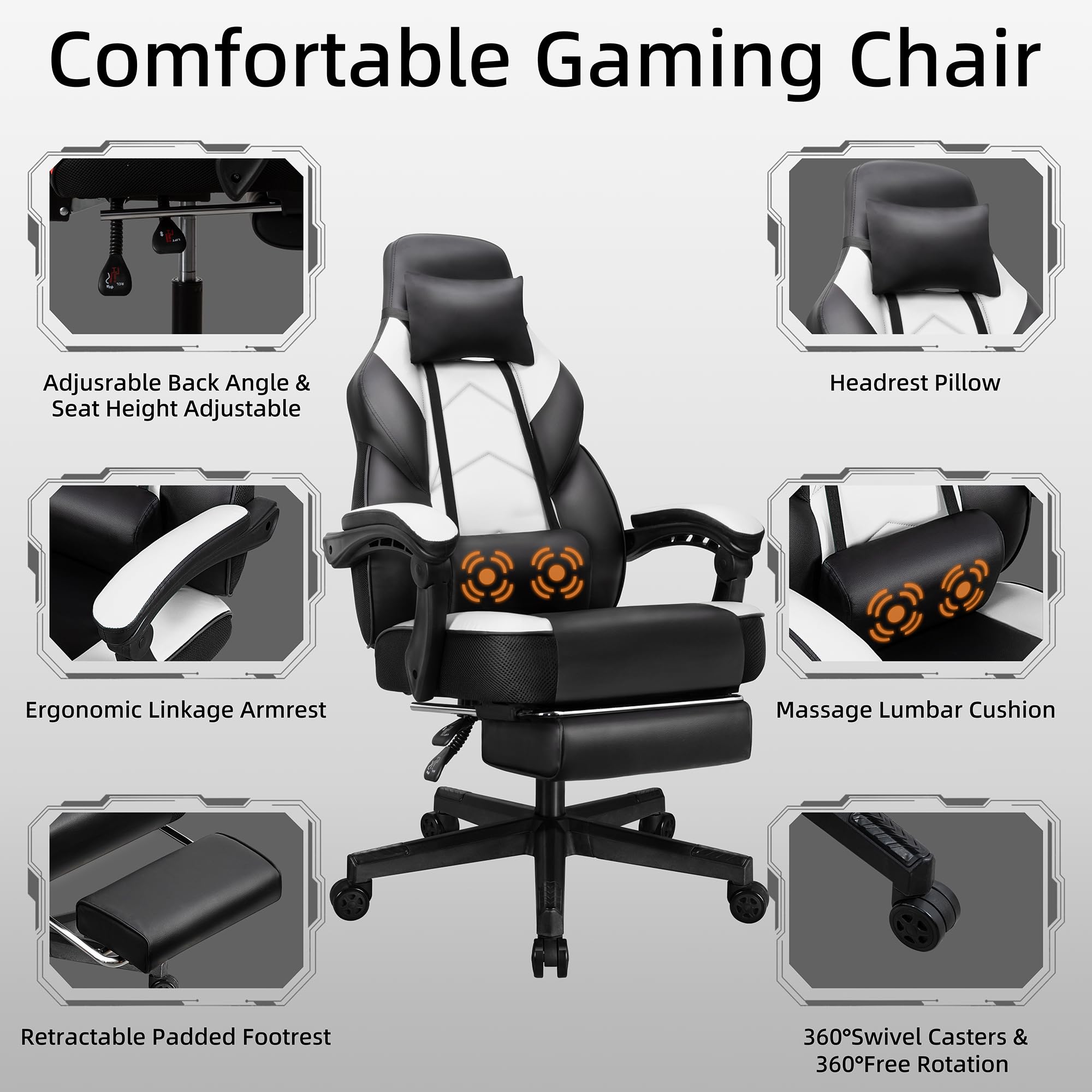 Shintenchi Ergonomic Gaming Chair with Footrest & Lumbar Massage - 360° Swivel Adjustable Height Computer Chair with Headrest for Office, Home & Esports (White) - Perfect for PC Gaming, Work from Home & Streaming Setup