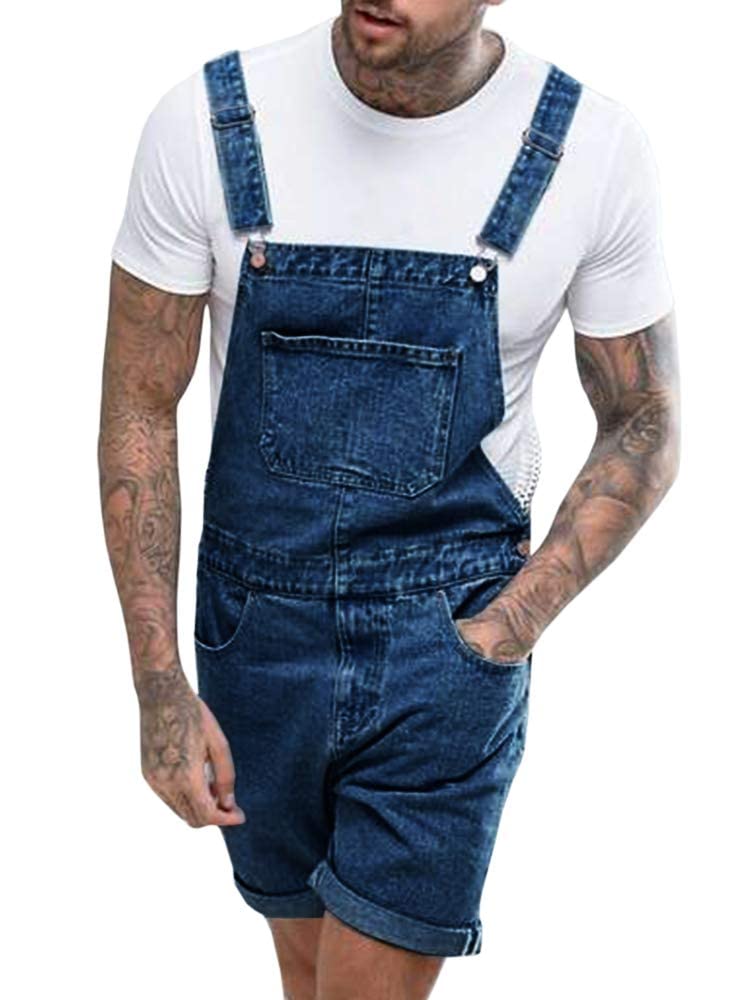Runcati Men's Denim Shorts Bib Overalls - Loose Fit Jean Romper with Button Pockets | Casual Summer Jumpsuit for Outdoor Activities, BBQ Parties & Streetwear Fashion