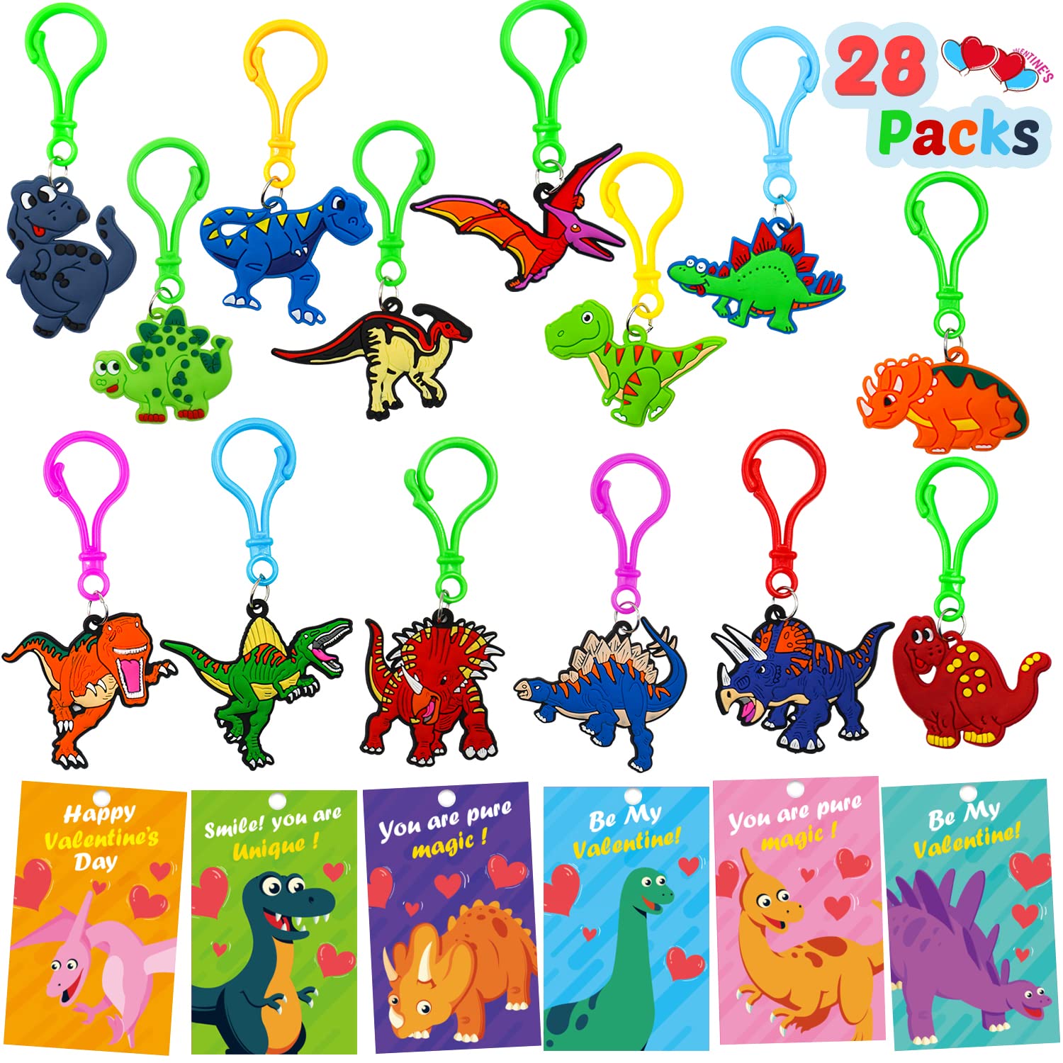 28 Pack Easter Dinosaur Keychains with Cards - Cute Dinosaur Toys for Kids, Valentine's Day Gifts, Classroom Exchange Prizes & Easter Party Favors for Boys and Girls | Perfect for School Events, Birthday Parties & Holiday Celebrations