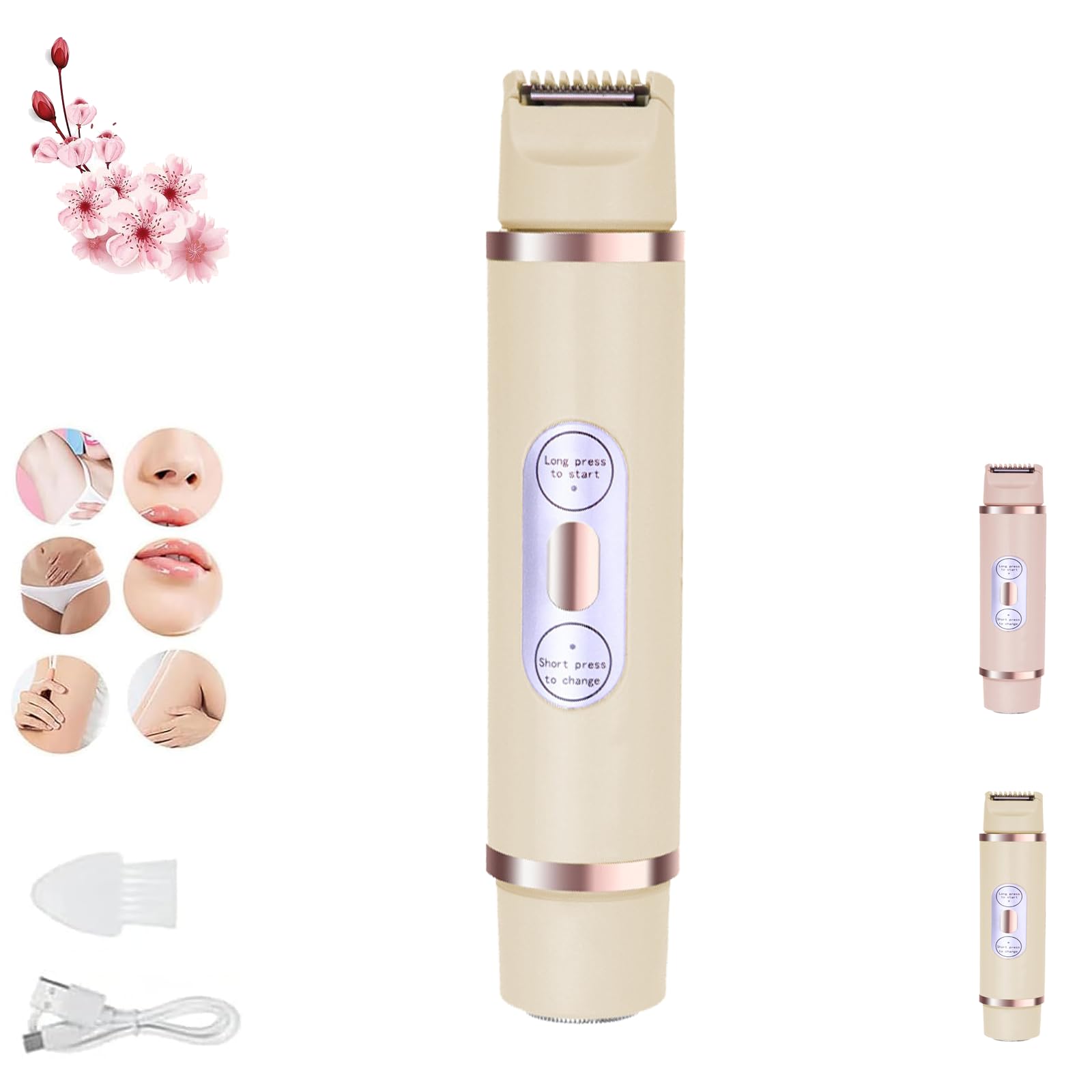 Favorabler 2-in-1 Electric Lady Shaver - Mini Dual Head Rechargeable Women's Shaver for Legs, Underarms & Bikini Area - Portable Travel Shaver (Beige) | Smooth & Comfortable Shaving at Home or On-The-Go