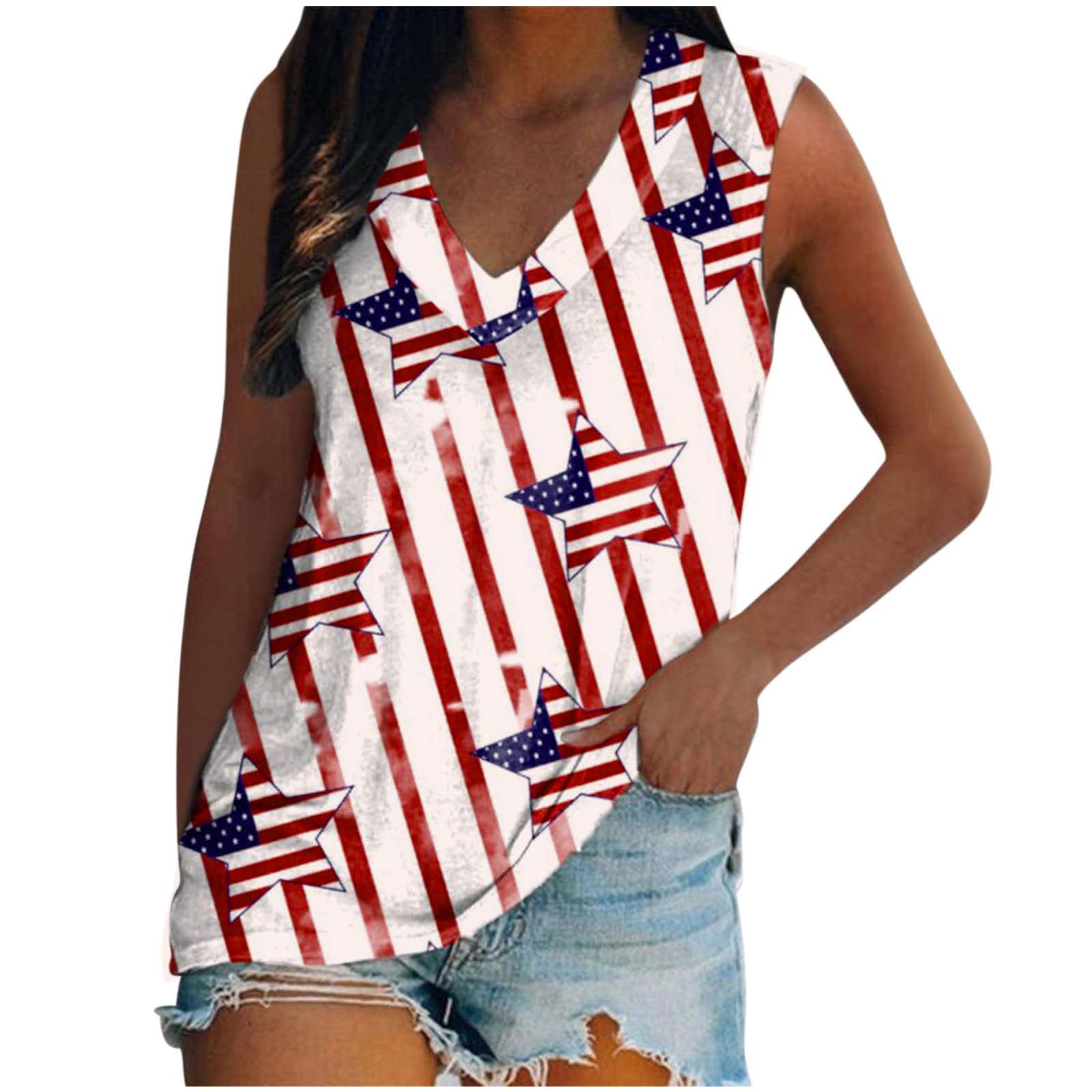 Women's Summer V-Neck Tank Tops - Cute Sleeveless Loose Fit Printed T-Shirts | 4th of July Outfits & Casual Trendy Tops | Perfect for Beach, Picnic, and Summer Vacation
